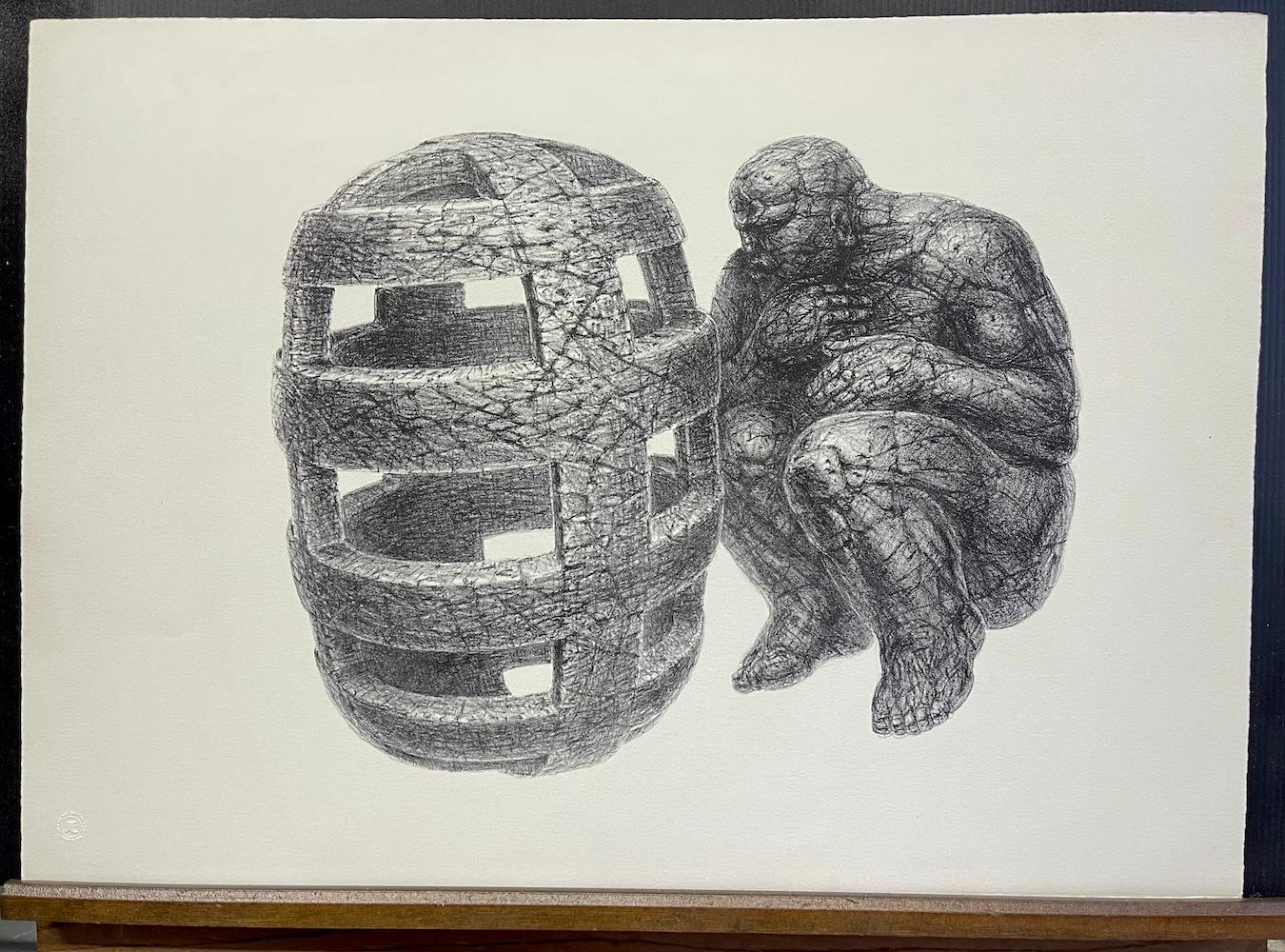 UNCAGED MAN Litografia disegnata a mano, uomo di pietra, coscienza, meditazione in vendita 3