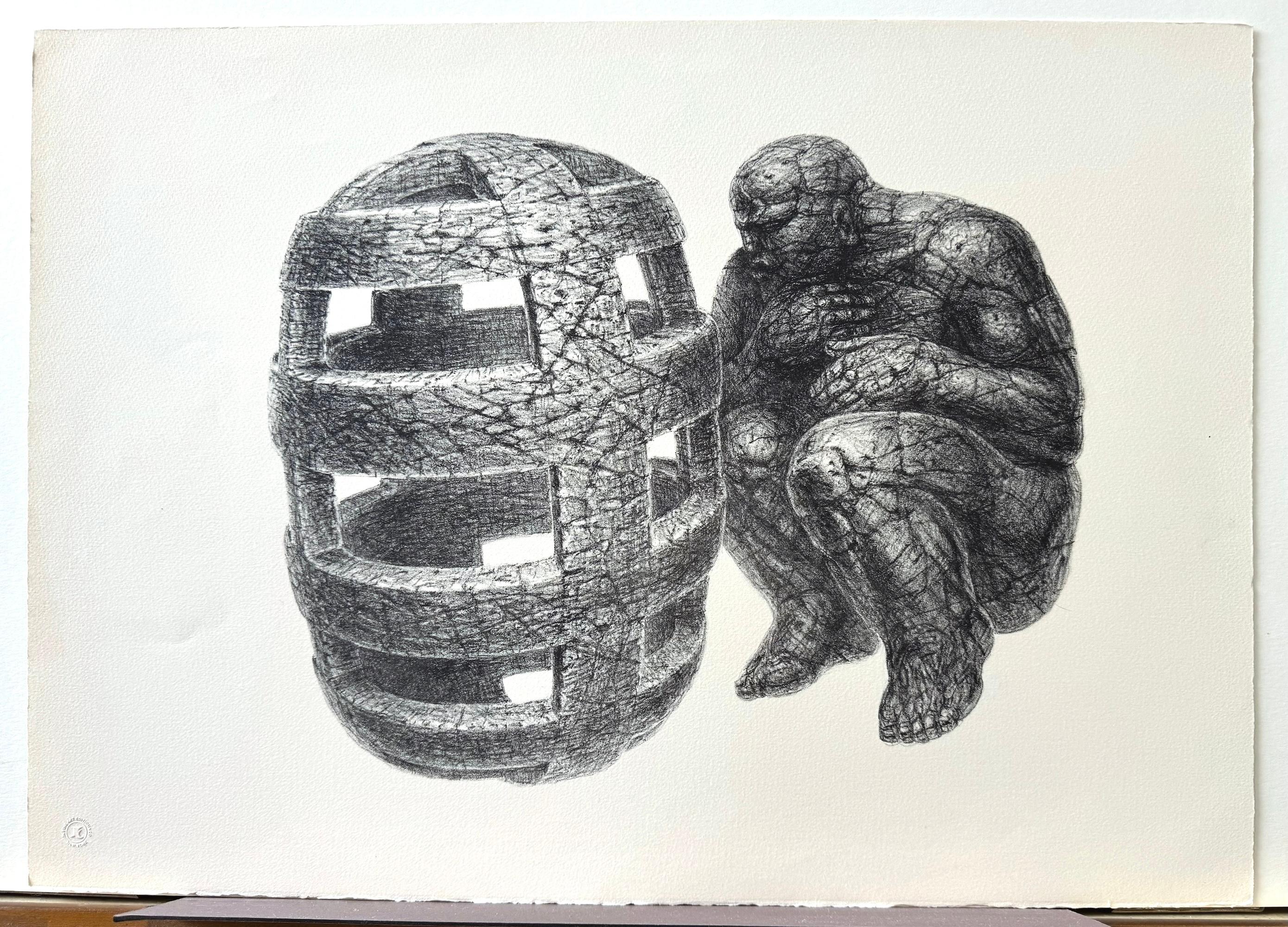 UNCAGED MAN Hand Drawn Lithograph, Stone Man, Consciousness, Meditation For Sale 1