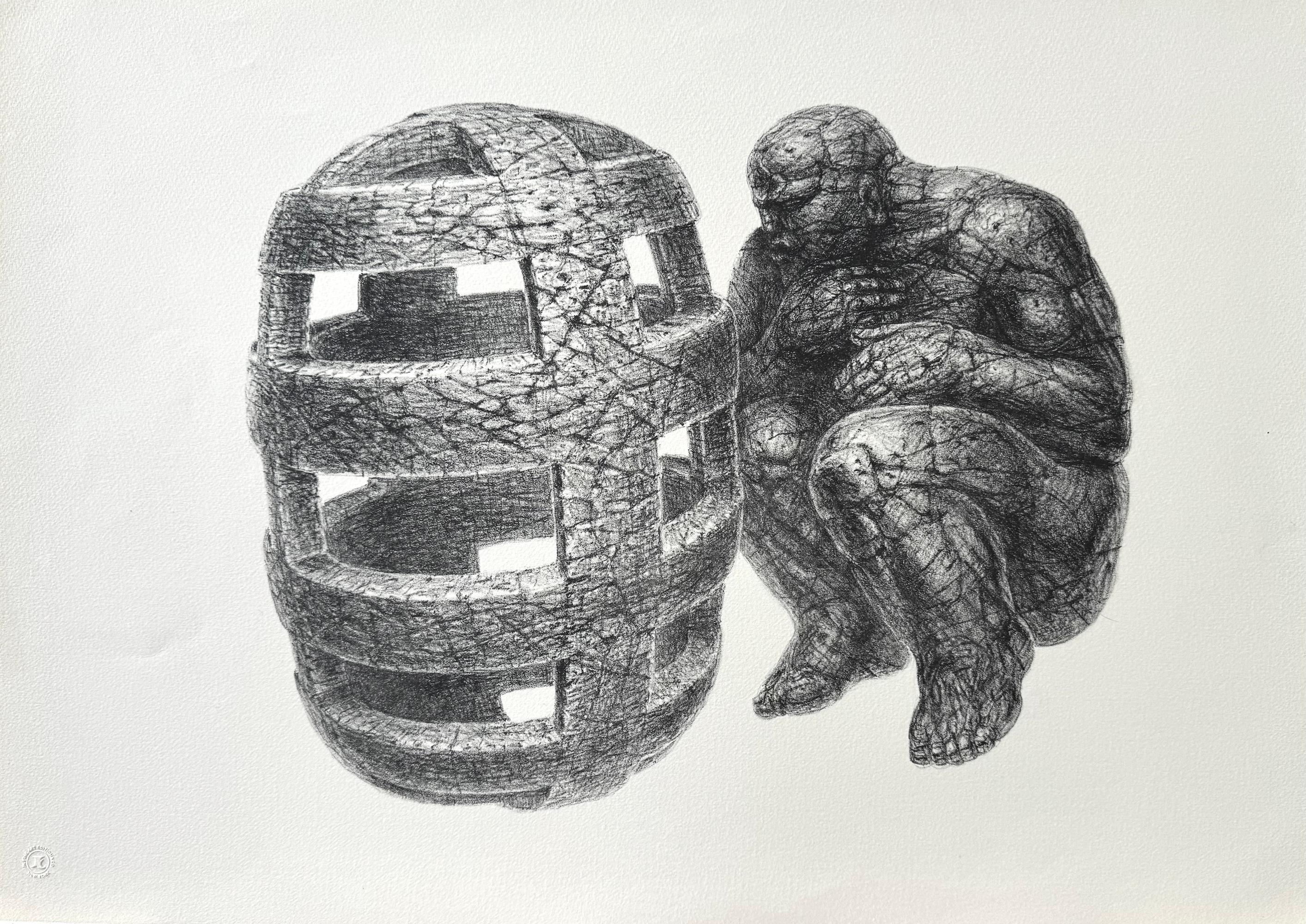 De Es Schwertberger Figurative Print - UNCAGED MAN Hand Drawn Lithograph, Stone Man, Consciousness, Meditation