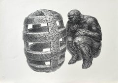 UNCAGED MAN Handgezeichnete Lithographie, Steinmann, Bewusstsein, Meditation