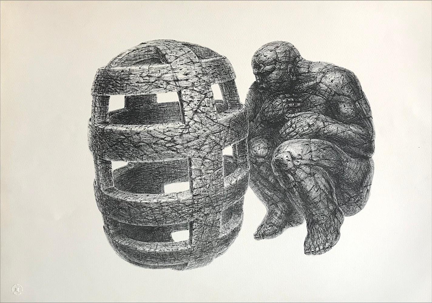 UNCAGED MAN Hand Drawn Lithograph, Stone Man, Consciousness, Meditation - Print by De Es Schwertberger