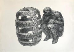 UNCAGED MAN Hand Drawn Lithograph, Stone Man, Consciousness, Meditation