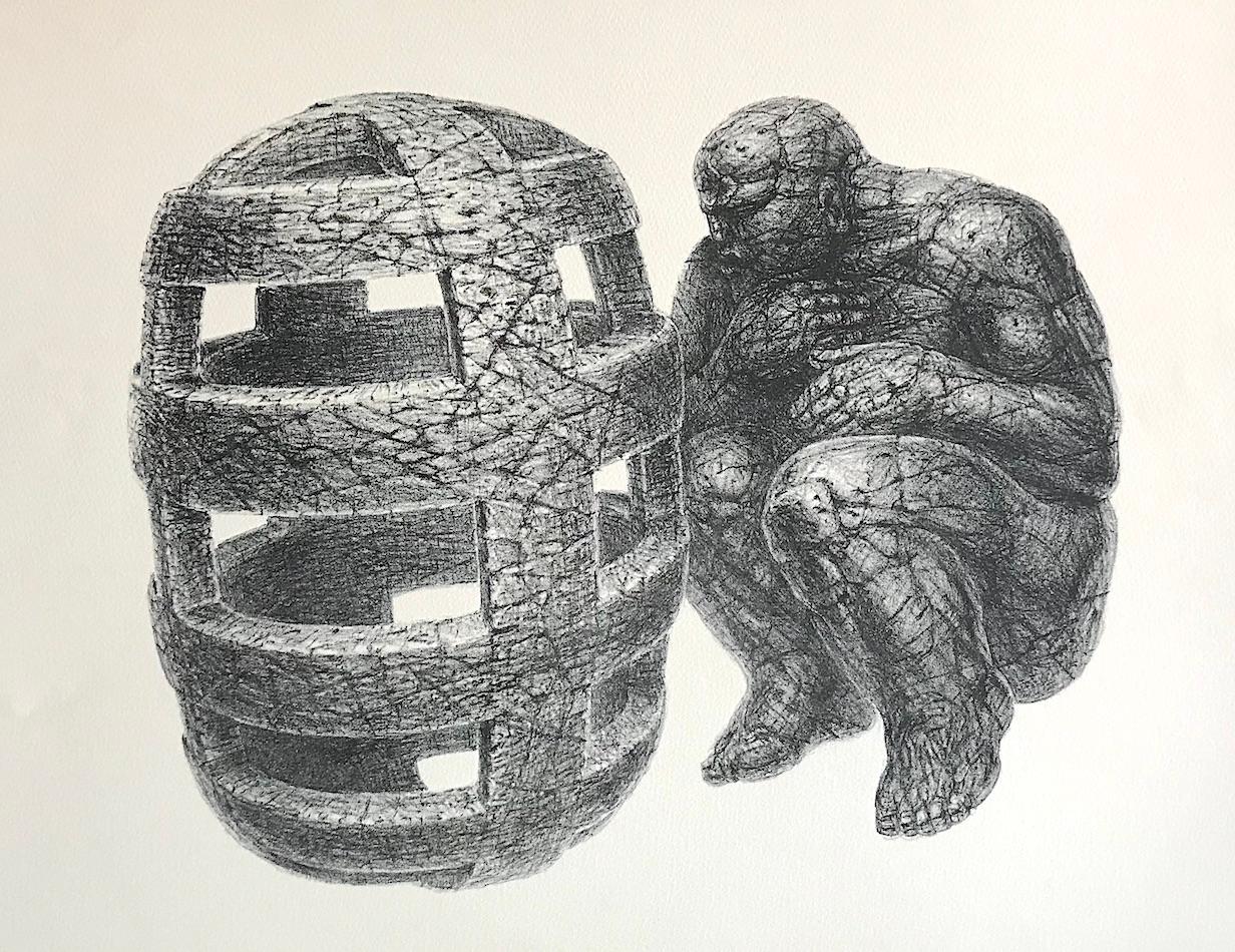 De Es Schwertberger Figurative Print - UNCAGED MAN Hand Drawn Lithograph, Stone Man, Consciousness, Meditation