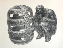 Retro UNCAGED MAN Hand Drawn Lithograph, Stone Man, Consciousness, Meditation