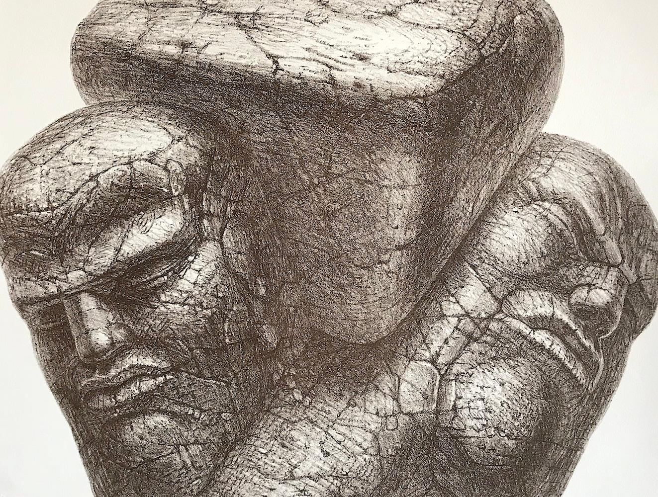 WEDGE Handgezeichnete Lithographie, Steinköpfe zweier Männer unter Druck, Sci-Fi-Porträt – Print von De Es Schwertberger