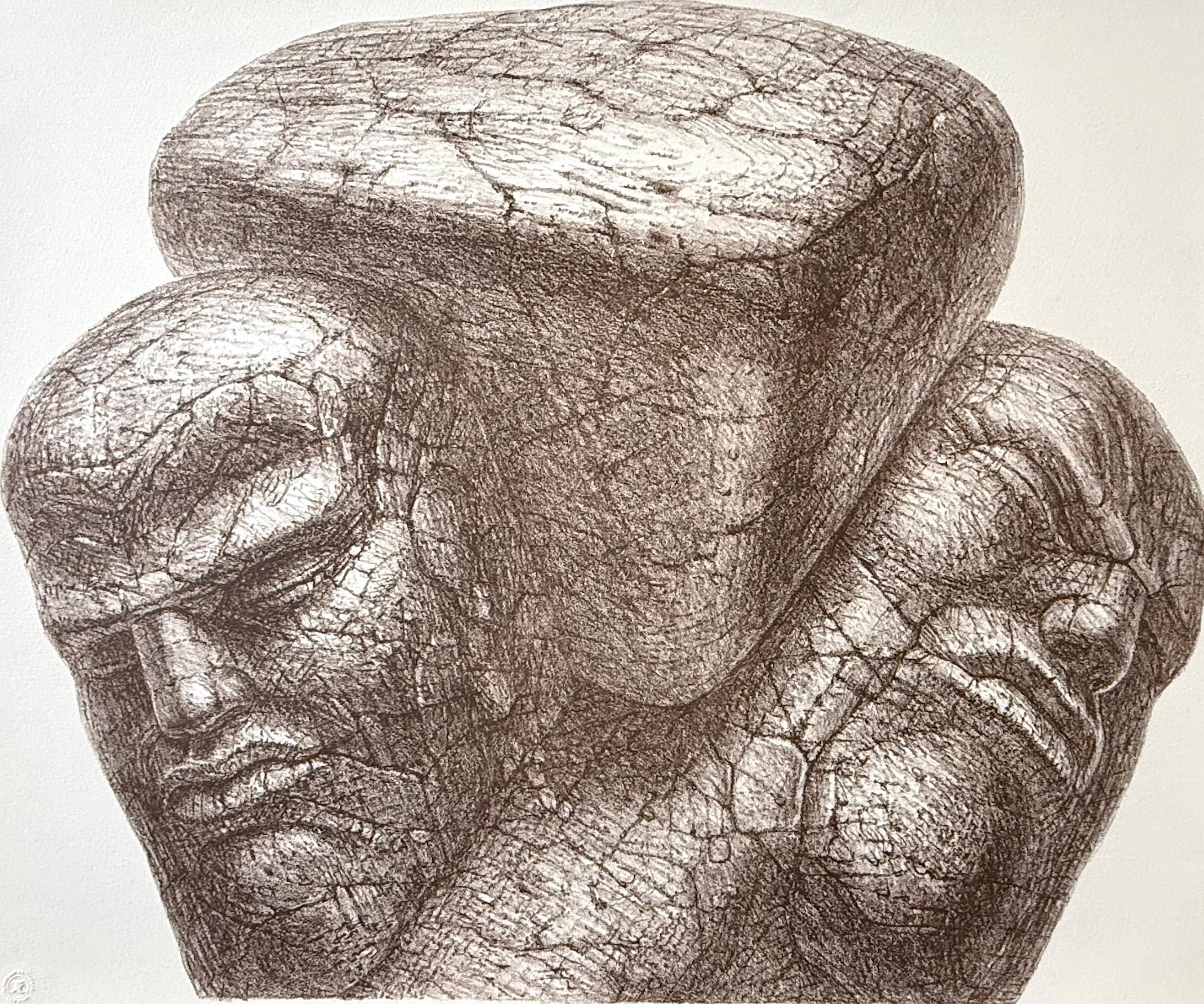 WEDGE Handgezeichnete Lithographie, Steinköpfe zweier Männer unter Druck, Sci-Fi-Porträt – Print von De Es Schwertberger