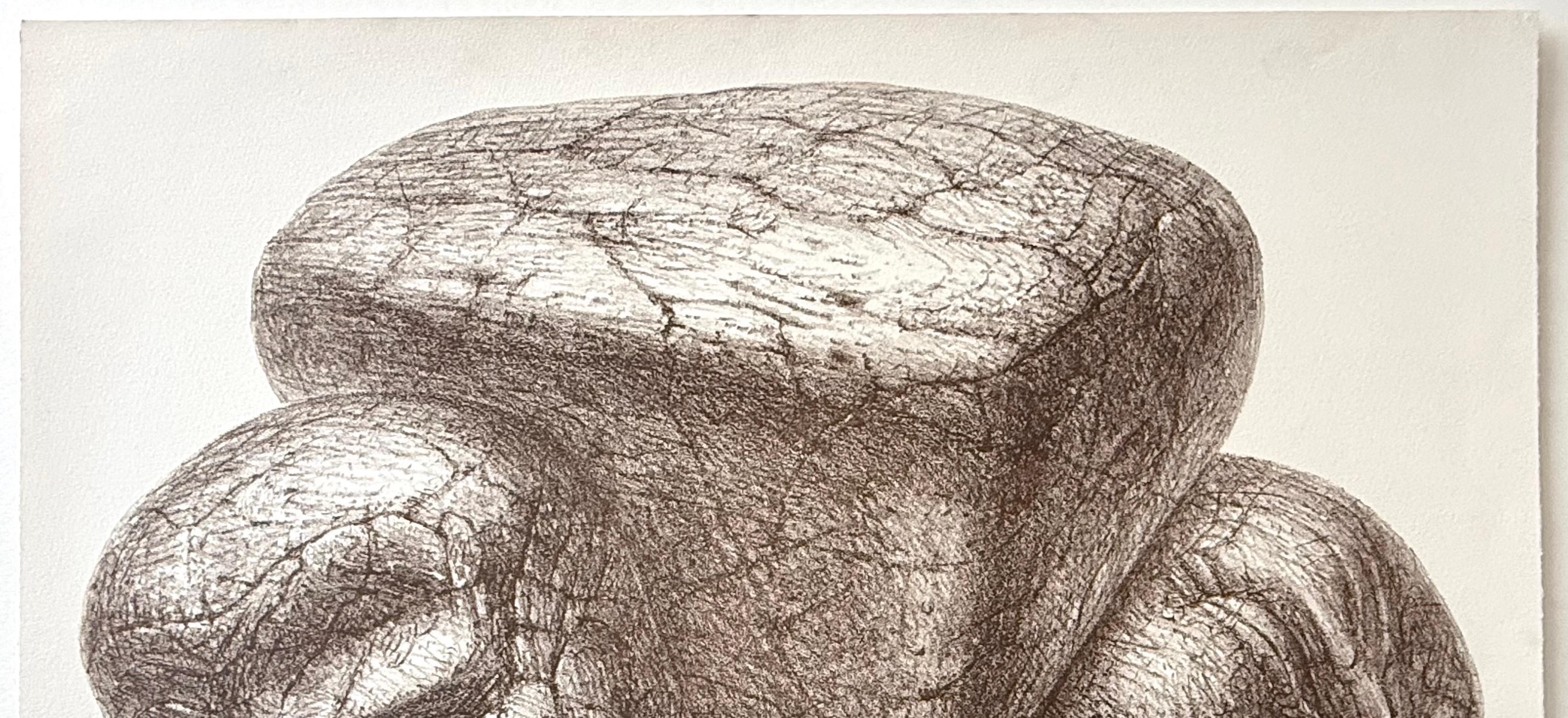 WEDGE Handgezeichnete Lithographie, Steinköpfe zweier Männer unter Druck, Sci-Fi-Porträt (Surrealismus), Print, von De Es Schwertberger