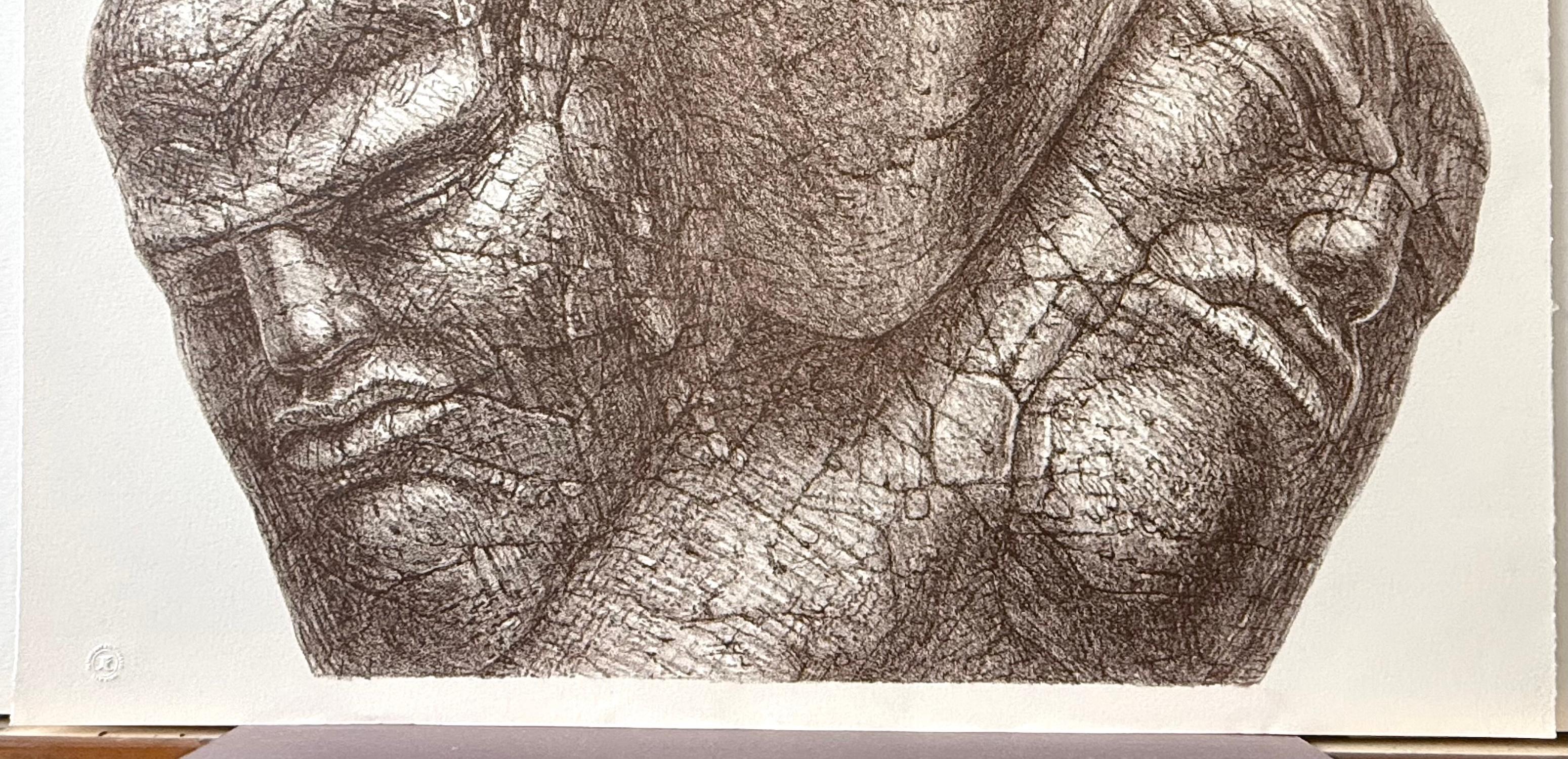 WEDGE Handgezeichnete Lithographie, Steinköpfe zweier Männer unter Druck, Sci-Fi-Porträt (Beige), Portrait Print, von De Es Schwertberger