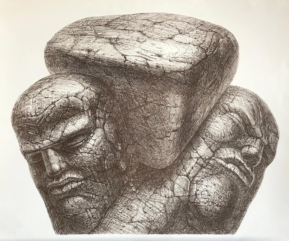 De Es Schwertberger Figurative Print - WEDGE Hand Drawn Lithograph, Stone Heads Two Men Under Pressure, Sci-Fi Portrait
