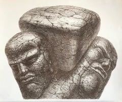 Retro WEDGE Hand Drawn Lithograph, Stone Heads Two Men Under Pressure, Sci-Fi Portrait