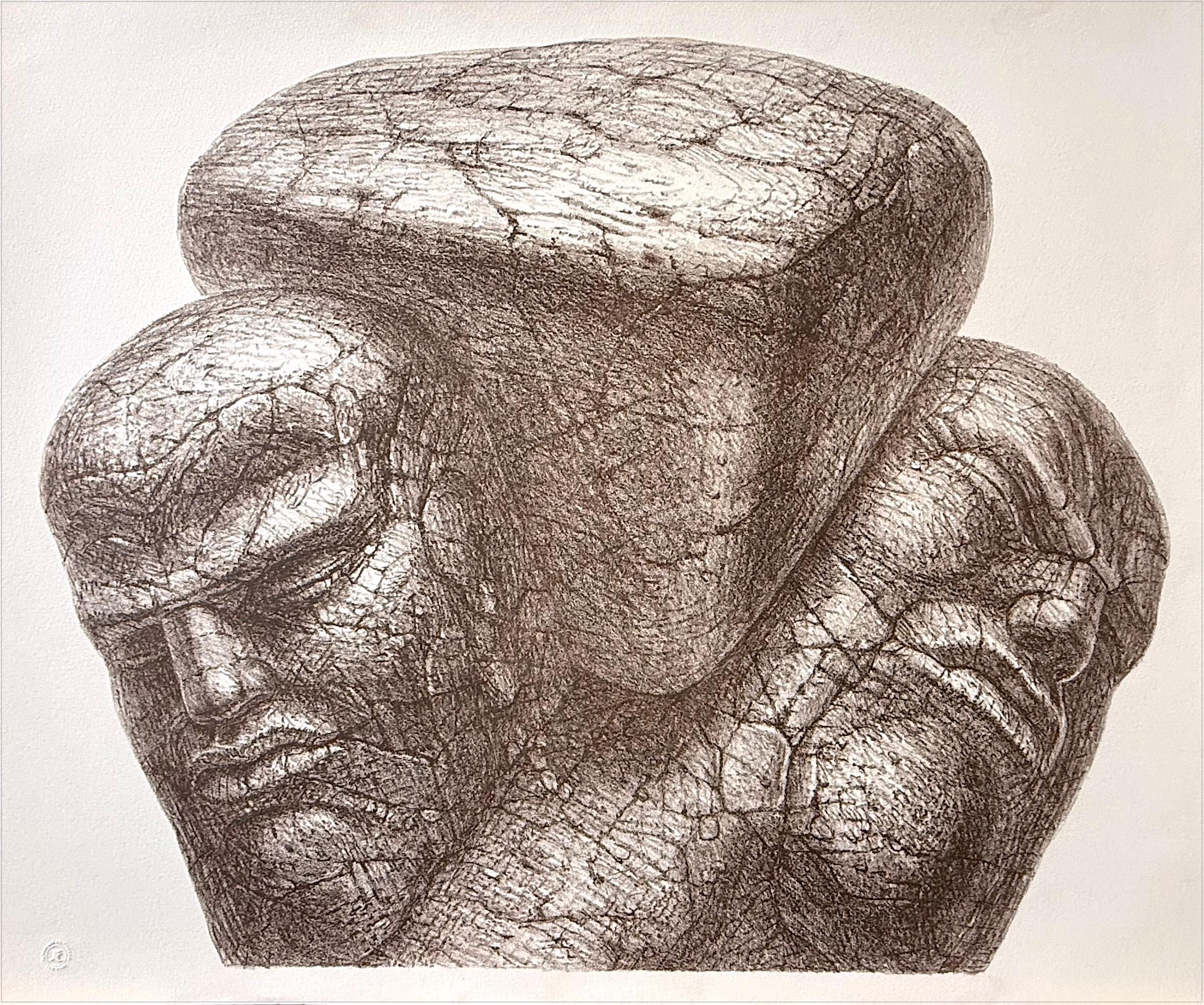 De Es Schwertberger Portrait Print – WEDGE Handgezeichnete Lithographie, Steinköpfe zweier Männer unter Druck, Sci-Fi-Porträt