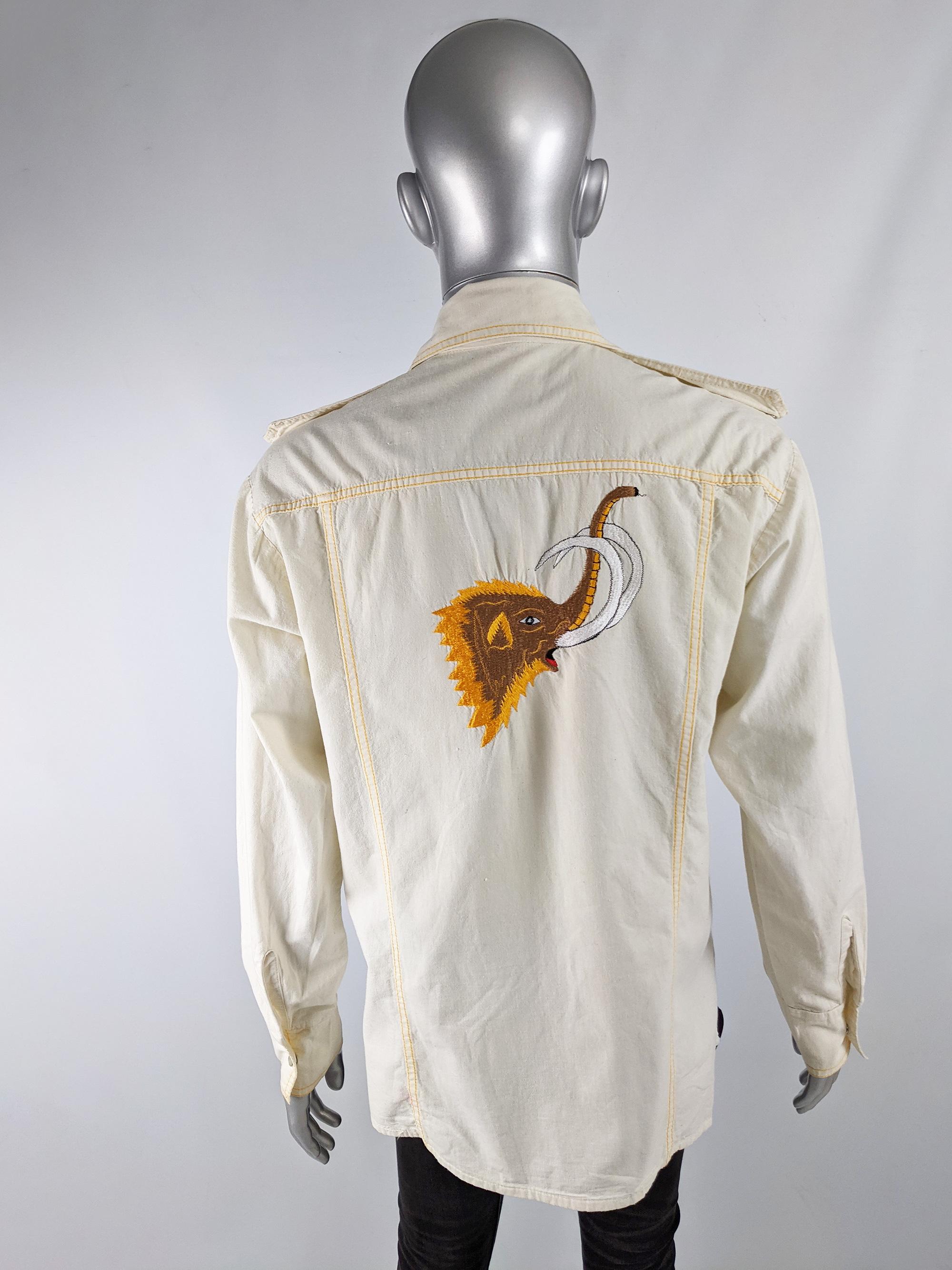 Beige De George Mens Vintage 70s Mexican Western Embroidered Mammoth Shirt, 1970s For Sale