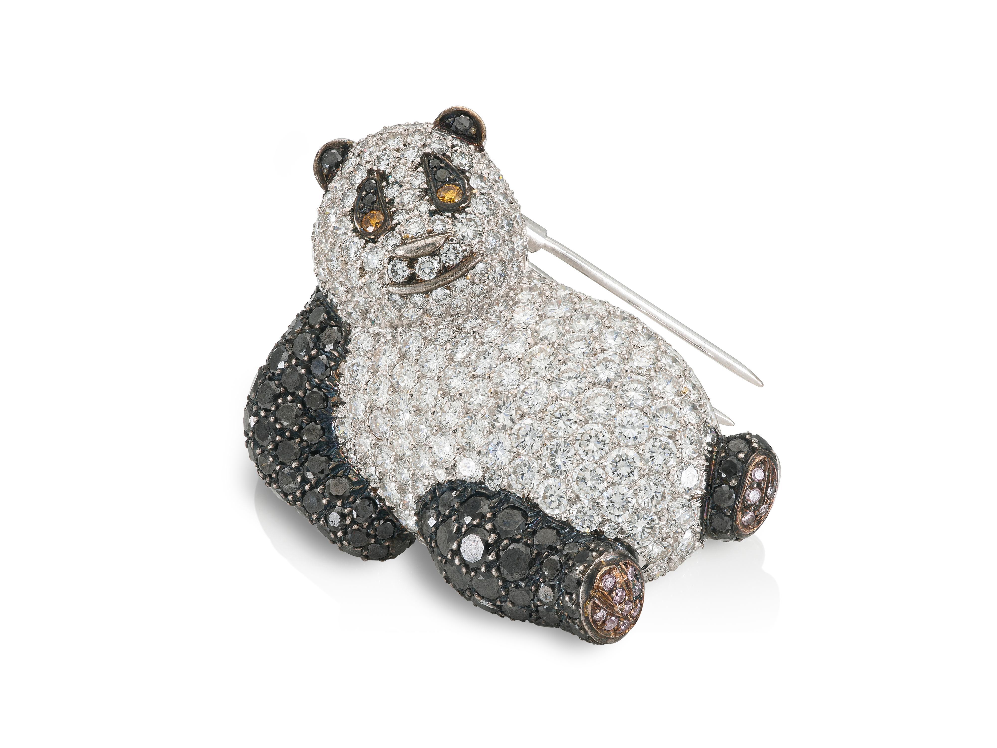 Round Cut De Grisogono 12.18 Carat Diamond Panda Brooch Pendant For Sale