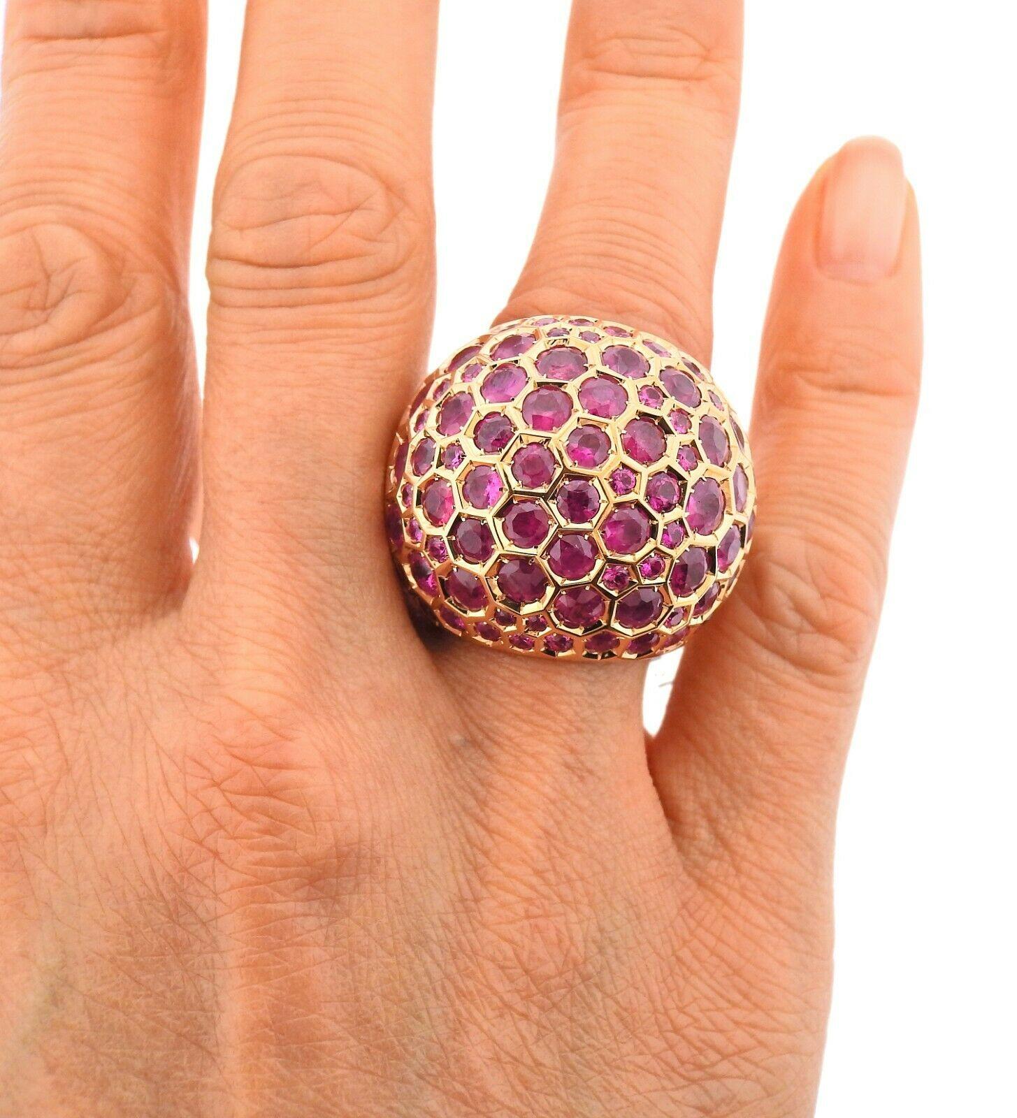 Brand new 18k rose gold dome ring by De Grisogono. Set with 14.95ctw of Pink Fuchsia Sapphires. Ring sizes - 6.5 (54)  ring top - 27mm wide. Marked -de Grisogono, Au750, B88537. Weight - 22.5 grams. The ring comes with COA, booklet, and box. Retail