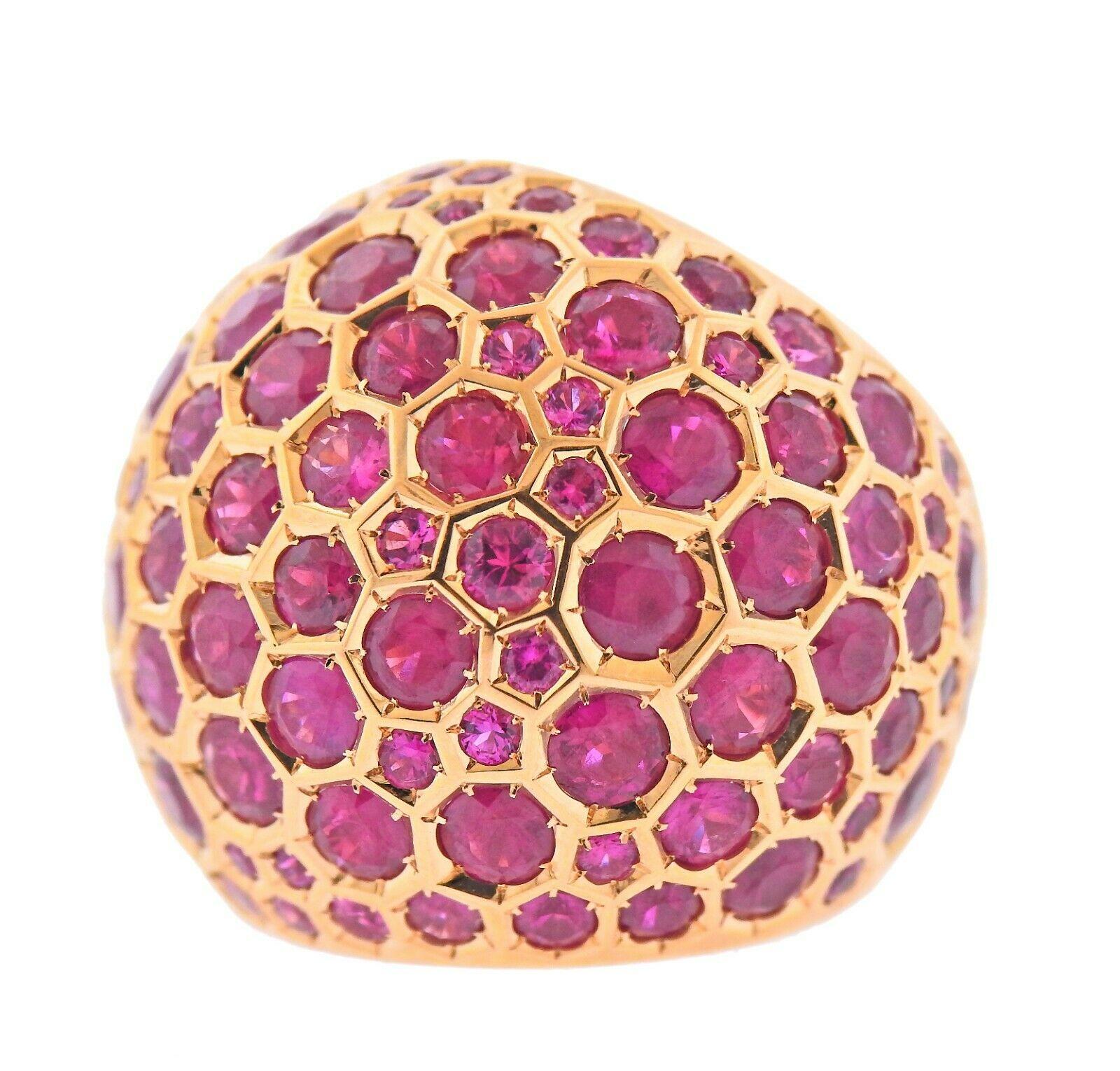 Round Cut De Grisogono 14.95 Carat Pink Fuchsia Sapphire Gold Dome Ring For Sale