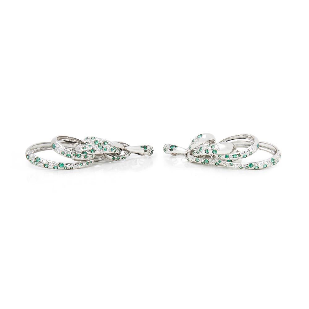 Round Cut De Grisogono 18 Karat White Gold Diamond and Emerald Drop Catene Earrings