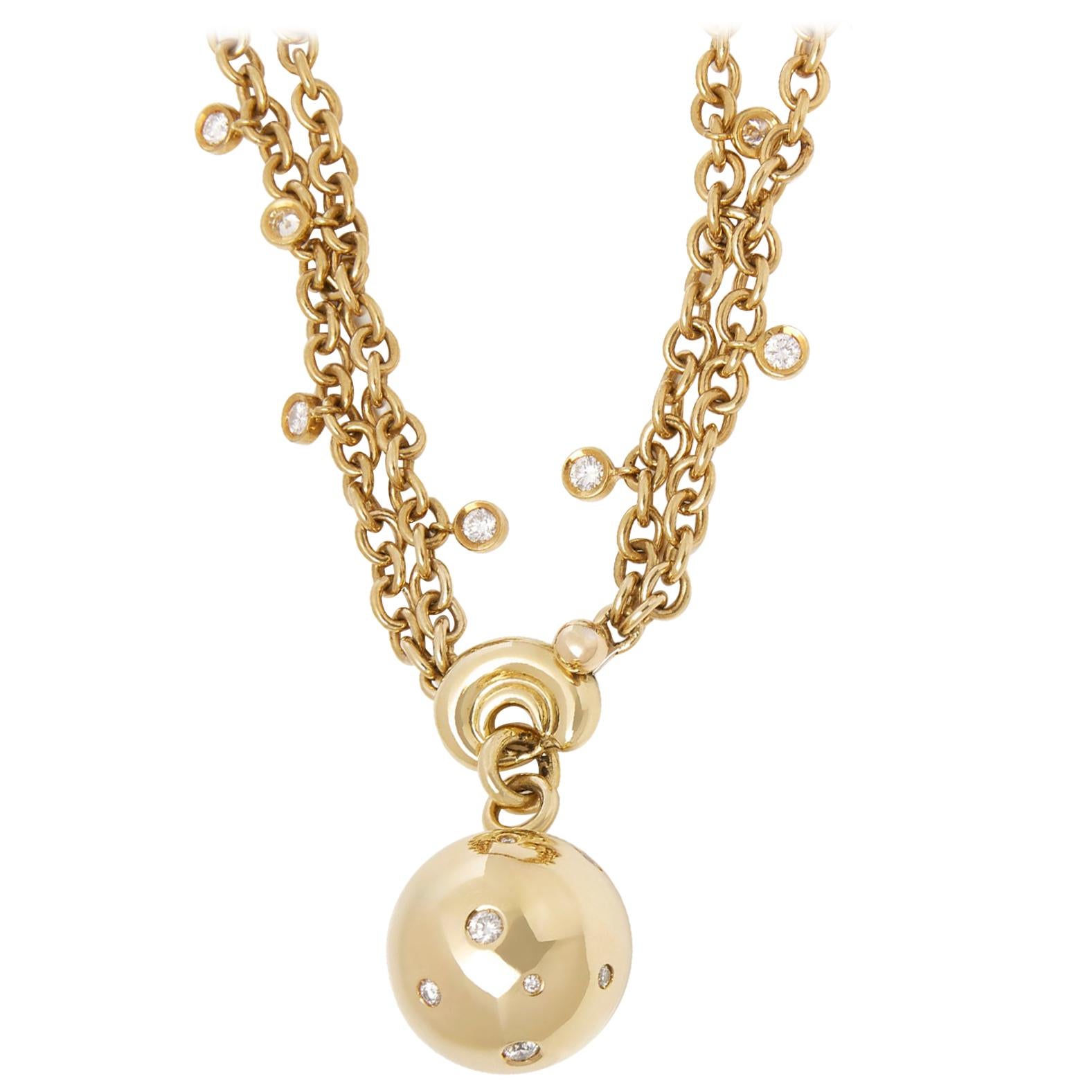 De Grisogono 18 Karat Yellow Gold Round Cut Diamond Boule Pendant Necklace