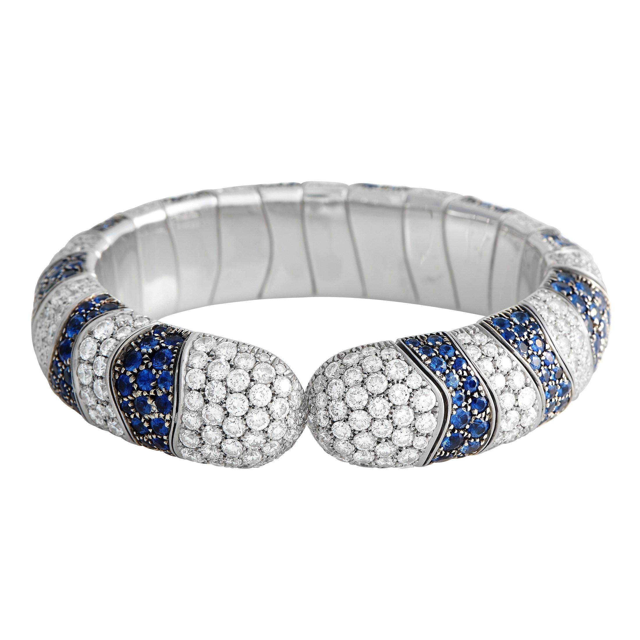 Round Cut de Grisogono 18K White Gold 13.5 ct Diamond and Blue Sapphire Bracelet