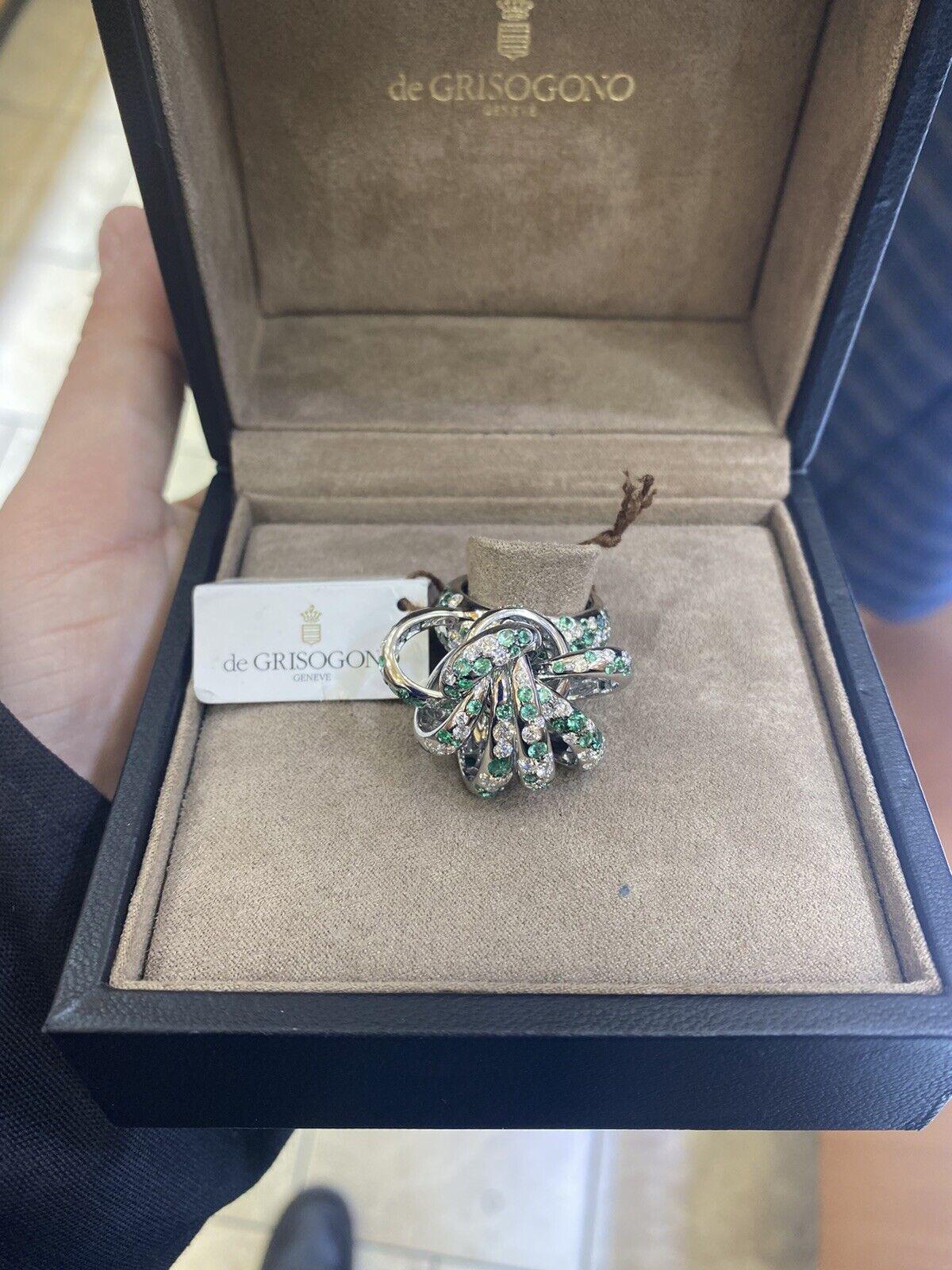 Round Cut De GRISOGONO 18KT White Gold Diamond Emerald Cantene Ring  For Sale