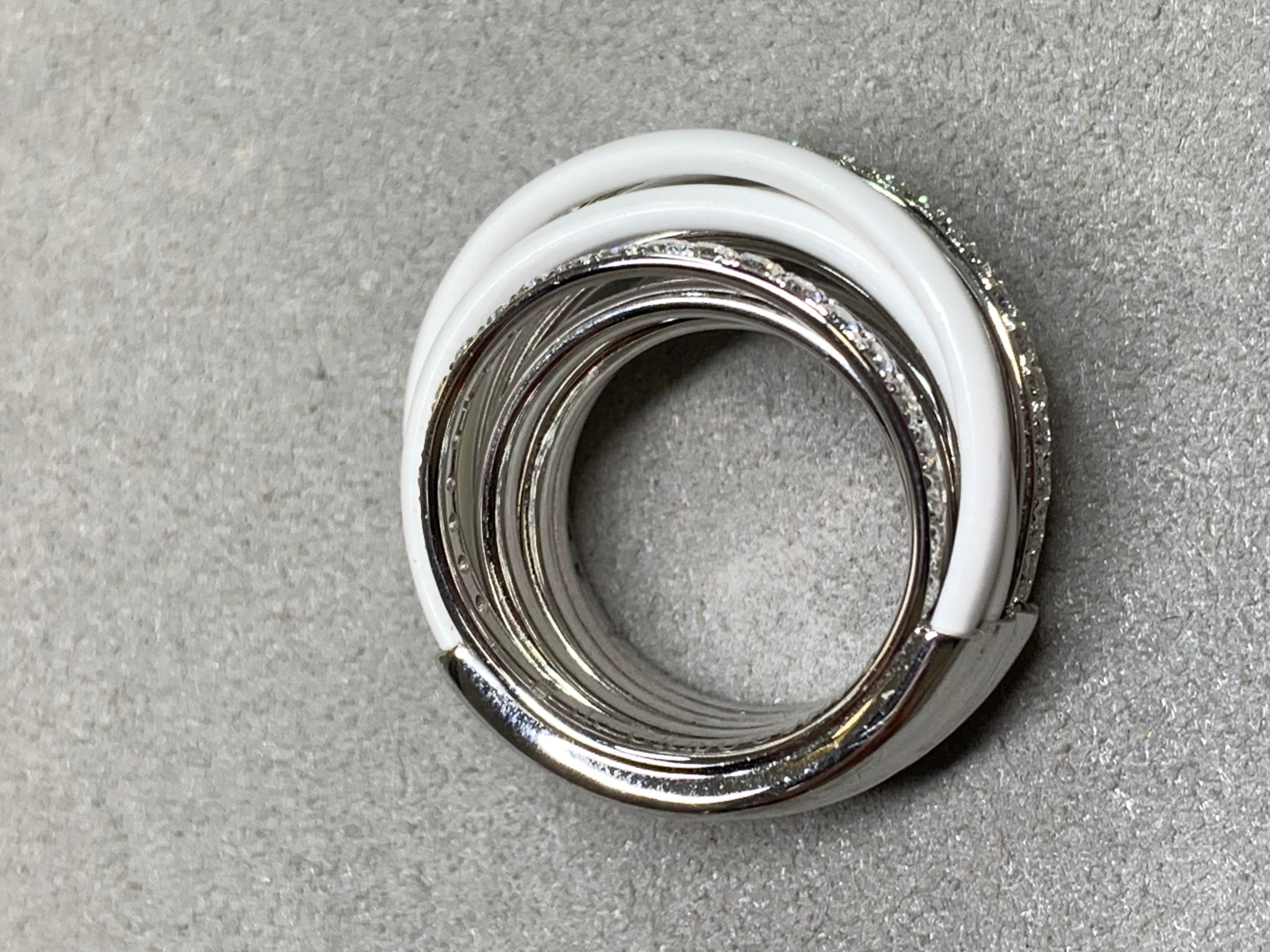 Round Cut de Grisogono Allegra 18K White Gold Ceramic Diamond Spiral Cocktail Ring Sz 6.5 For Sale