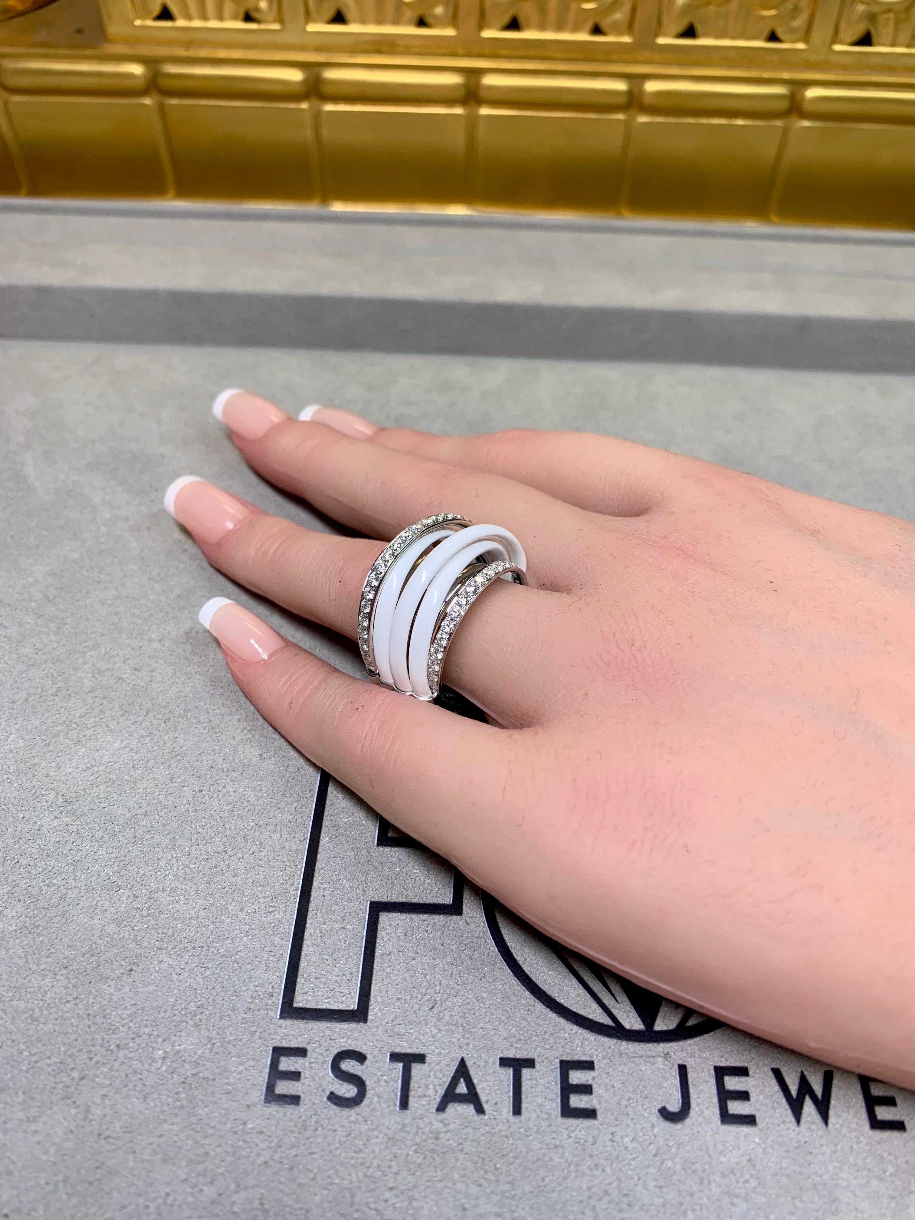 de Grisogono Allegra 18K White Gold Ceramic Diamond Spiral Cocktail Ring Sz 6.5 In Excellent Condition For Sale In Winter Springs, FL