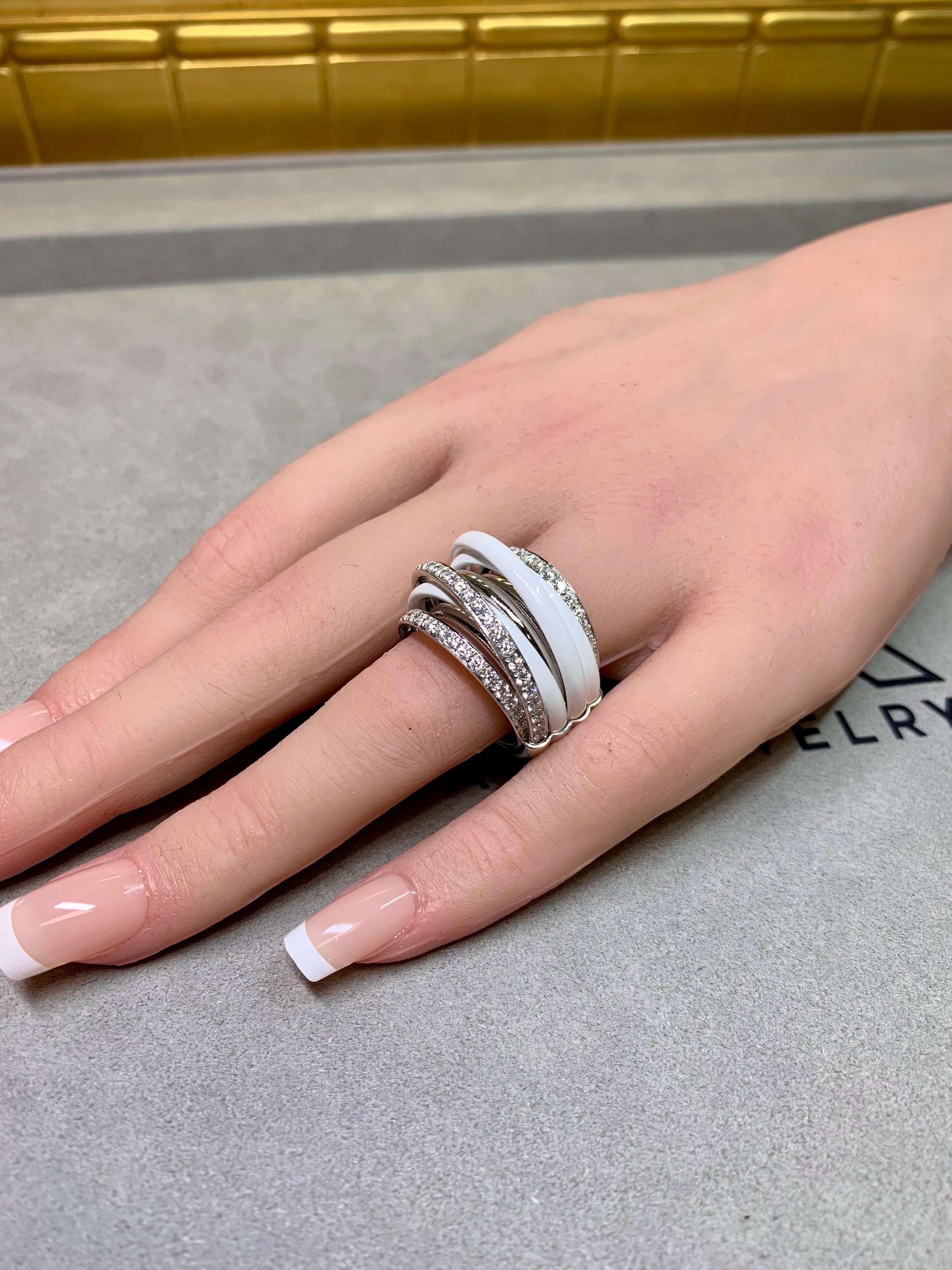 Women's or Men's de Grisogono Allegra 18K White Gold Ceramic Diamond Spiral Cocktail Ring Sz 6.5 For Sale