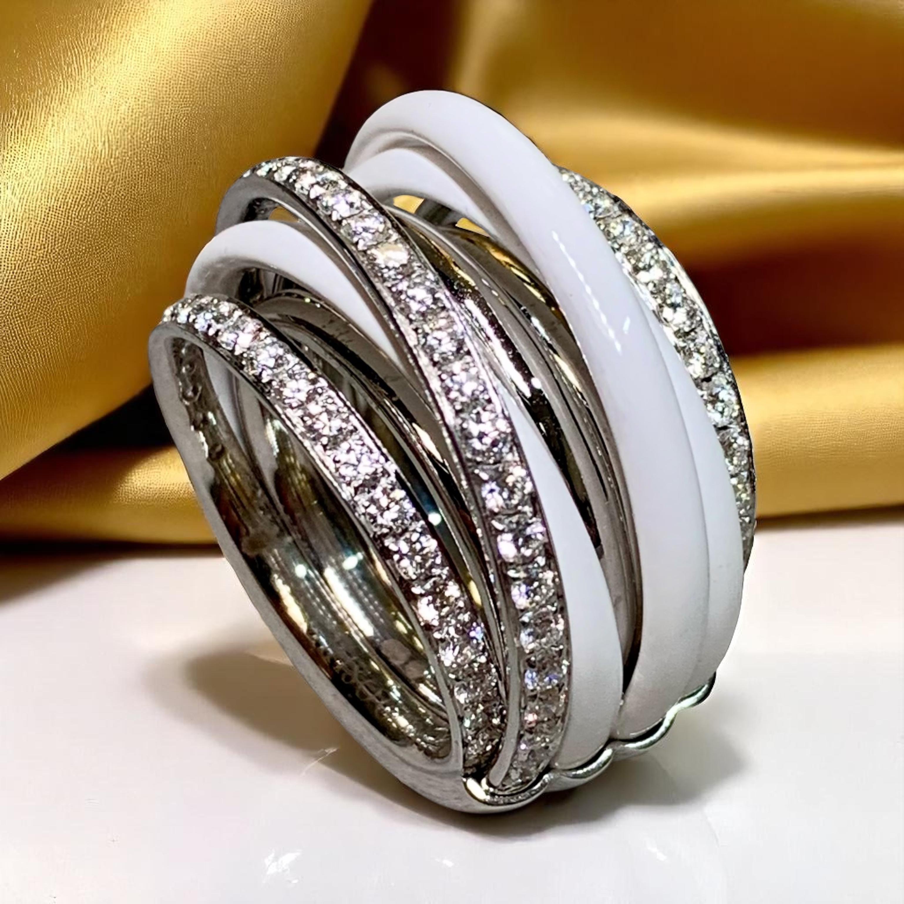 de Grisogono Allegra 18K White Gold Ceramic Diamond Spiral Cocktail Ring Sz 6.5 For Sale 2