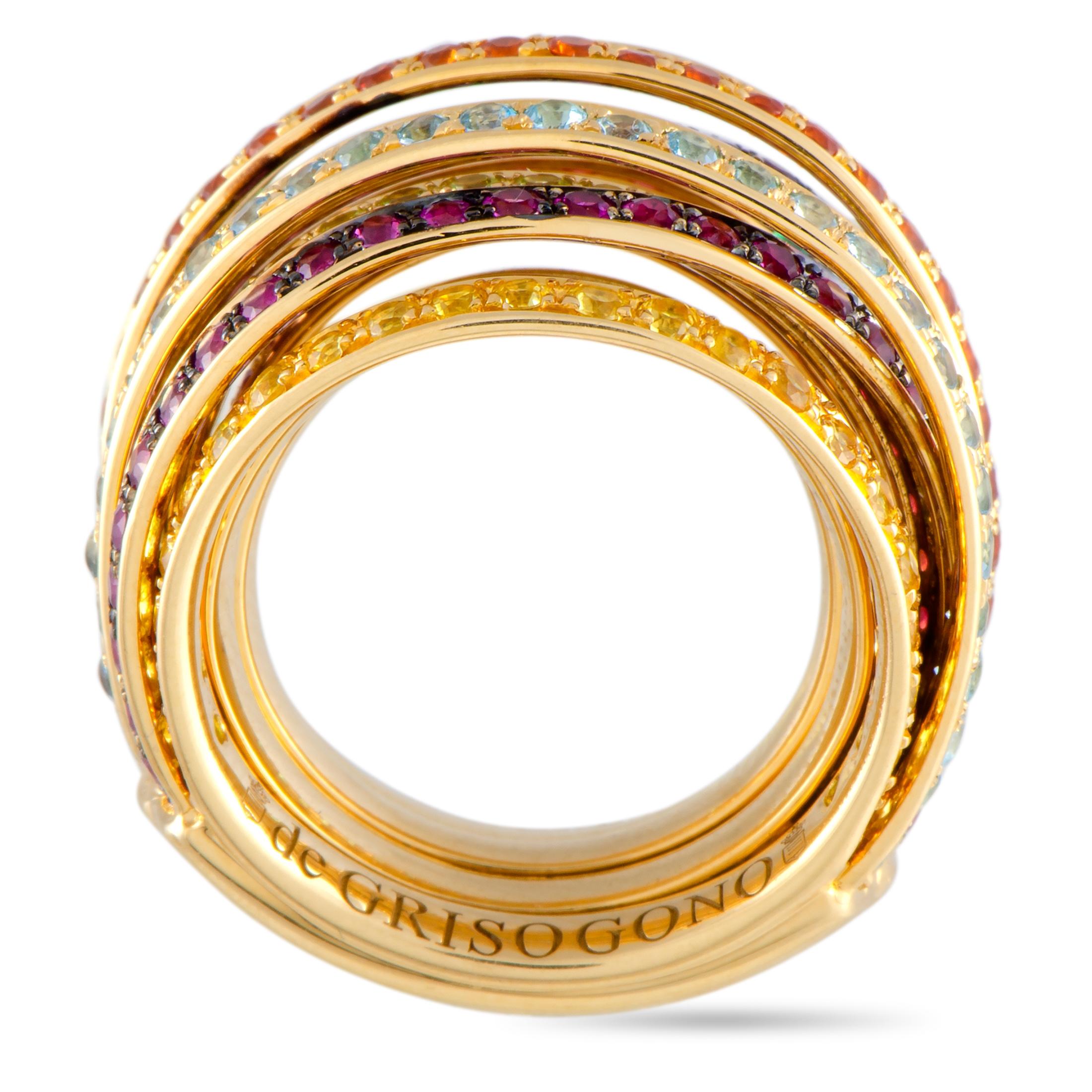 The de Grisogono “Allegra” ring is crafted from 18K yellow gold and set with a plethora of multi-colored sapphires. The ring weighs 23.4 grams, boasting band thickness of 11 mm and top height of 7 mm, while top dimensions measure 26 by 16 mm.
 
