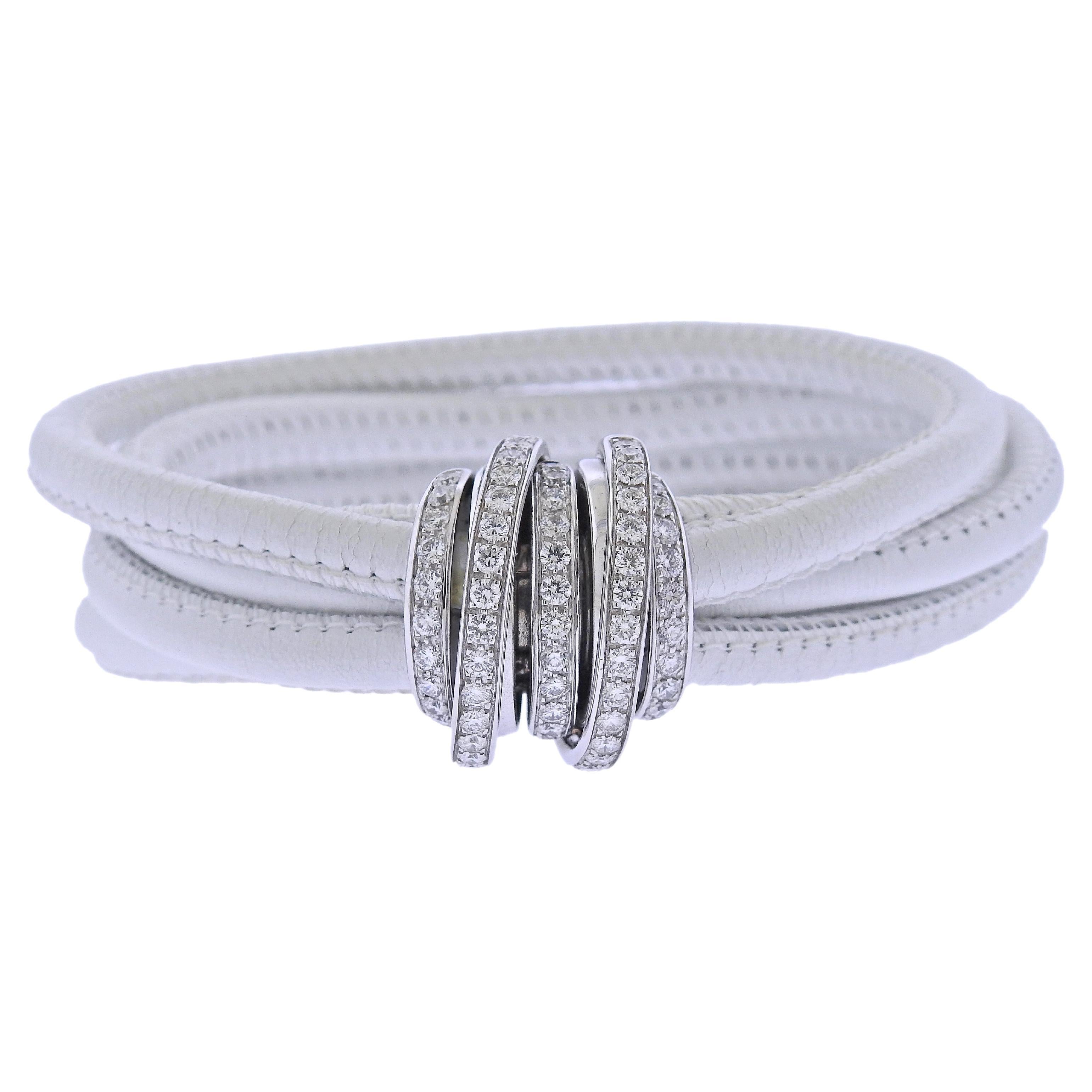 De Grisogono Allegra Diamond Gold White Leather Bracelet For Sale