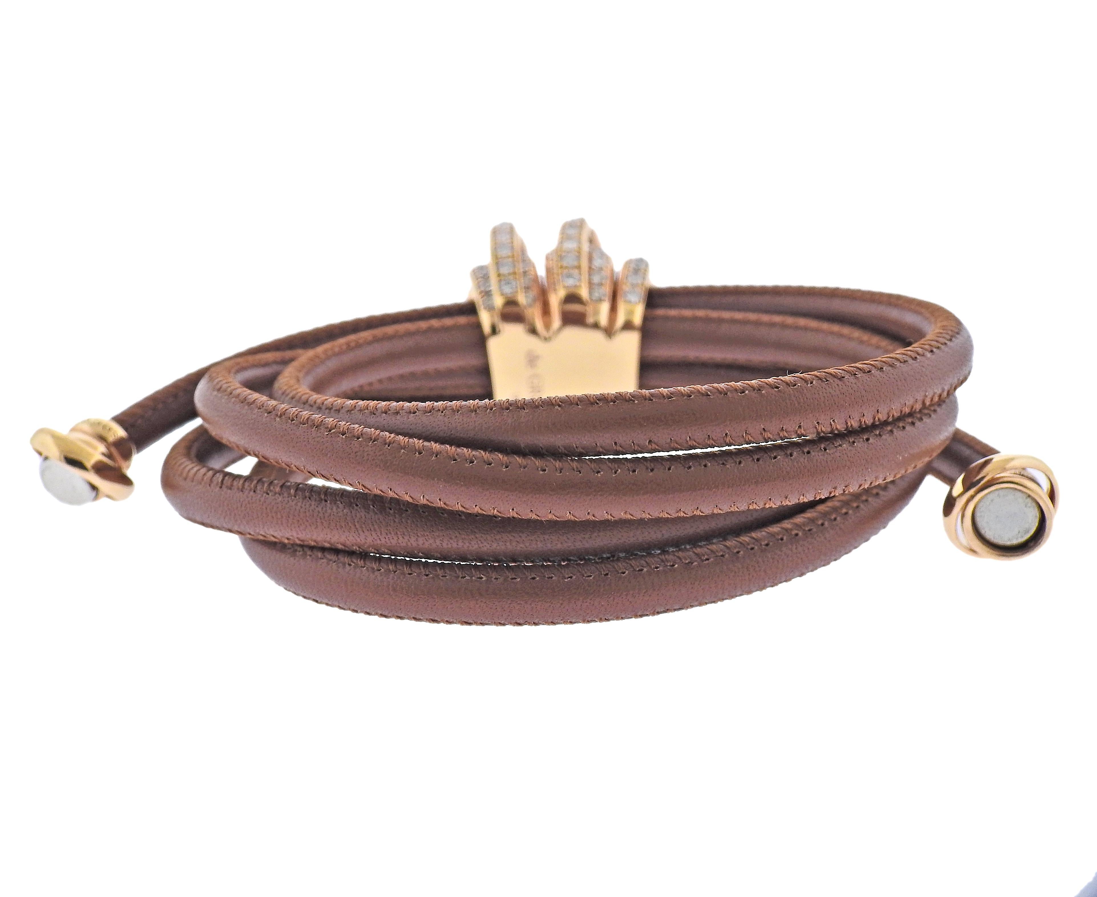 De Grisogono 18k gold and brown leather bracelet, set with 3.60ctw VVS/FG diamonds. Comes with COA. New/store sample, with tag. Bracelet is adjustable, Gold center measures 25mm x 21mm, magnetic 18k gold ends/closures. Weight - 33.5 grams. Marked:
