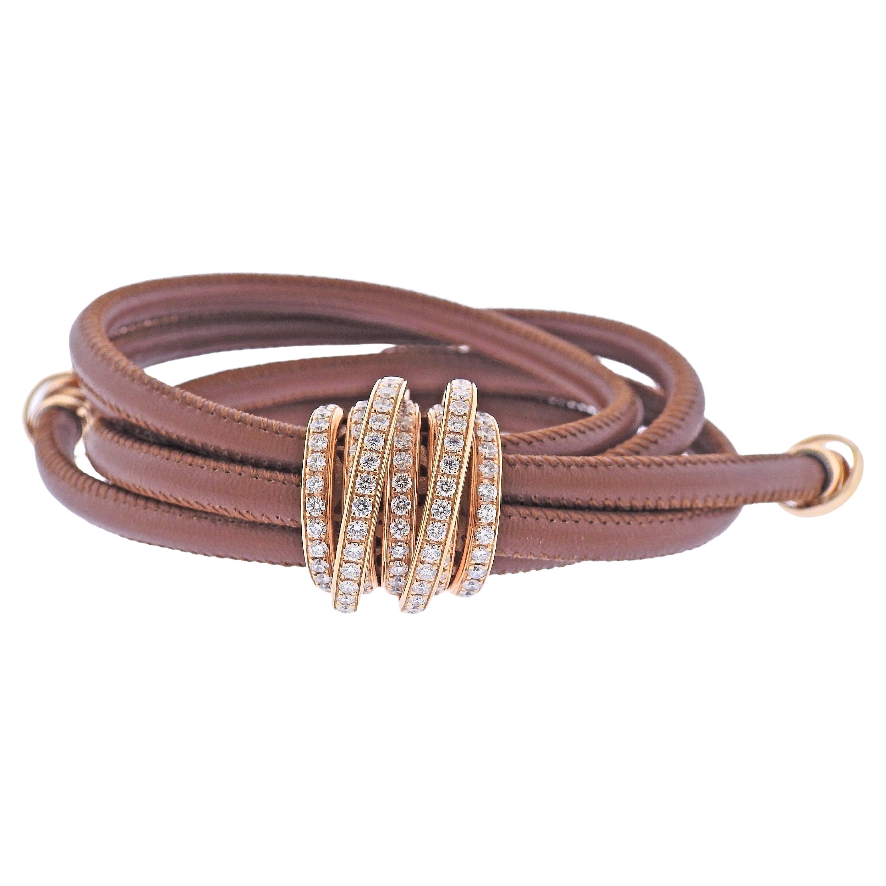 De Grisogono Allegra Diamond Rose Gold Brown Leather Wrap Bracelet For Sale