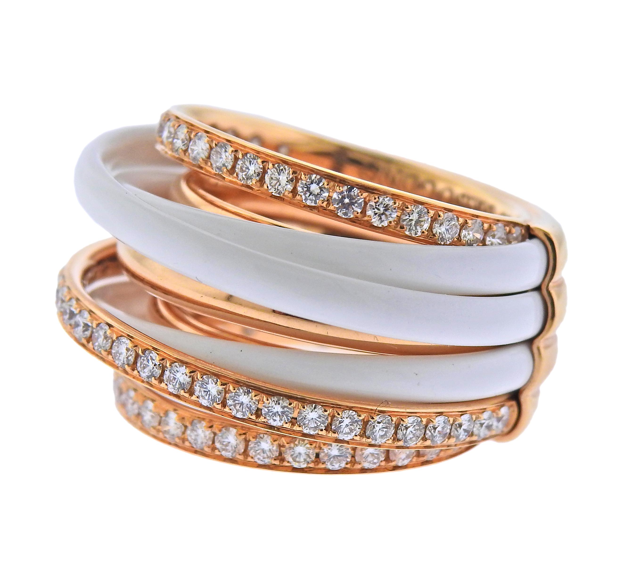 bague Allegra en or rose 18k de De Grisogono:: avec céramique blanche et environ 1::75ctw en diamants G/VS. Prix de détail 16500 $:: avec boîte.  Taille de l'anneau - 6:: le haut de l'anneau fait 20 mm de large.  Poids - 24::6 grammes. Marqué : de