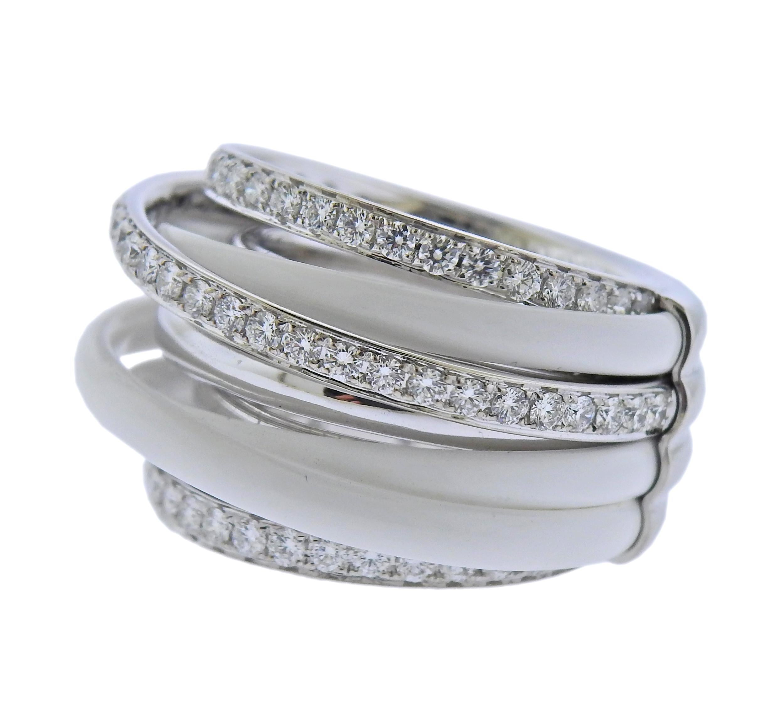 18k white gold Allegra ring by De Grisogono, with white ceramic and approx. 1.75ctw in G/VS diamonds. Retail $16500, with box.  Ring size - 6, ring top is 20mm wide.  Weight - 26.8 grams. Marked: de Grisogono, Au750, B100903. 