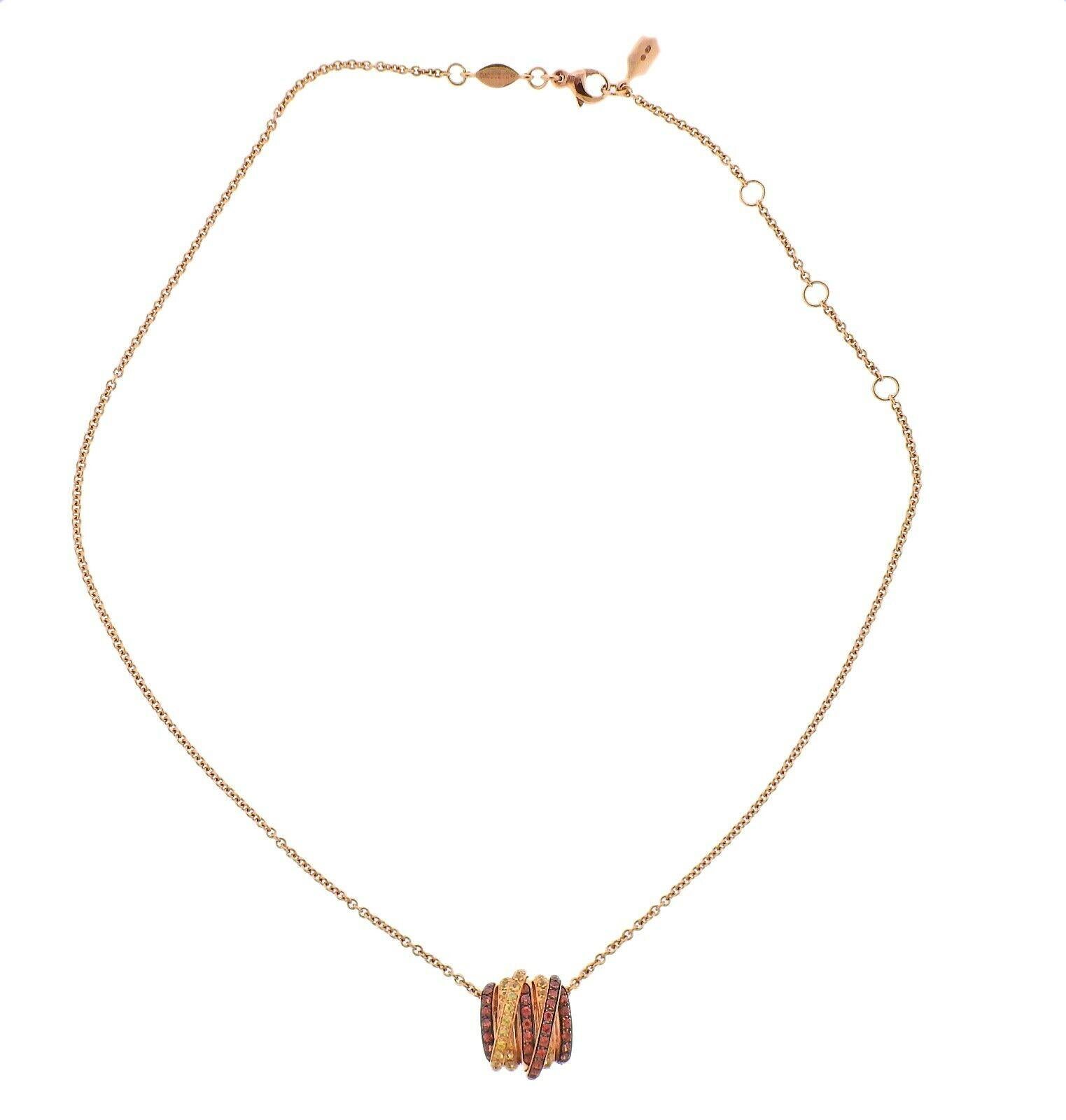 Brand new 18k rose gold Allegra pendant necklace by De Grisogono. Set with 0.75ctw in orange and 0.70ctw yellow sapphires. Necklace is adjustable from 15