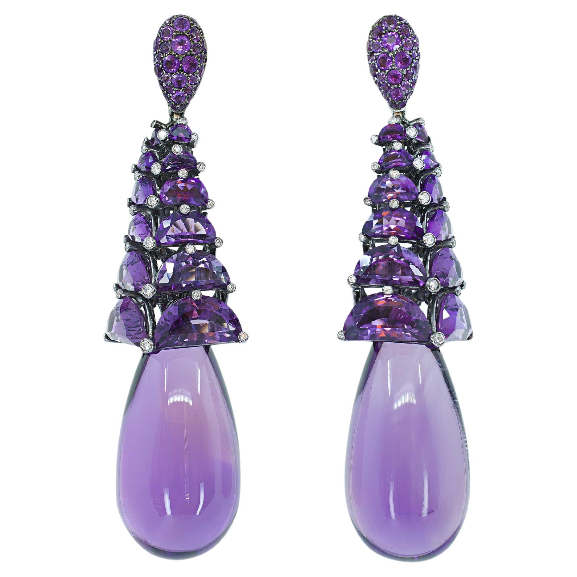 De Grisogono Amethyst Diamond Drop Earrings 18K Blackened Gold For Sale