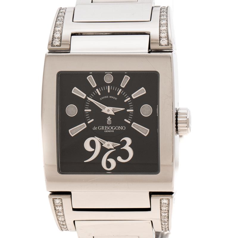 Contemporary De Grisogono Black Dial Stainless Steel Diamonds Tino Acier Women's Wristwatch 2