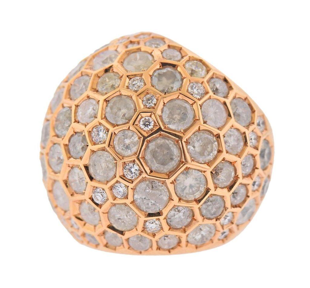 New 18k Rose gold ring by De Grisogono. Set with 1.00ctw in VS/G diamonds, and 12.05ctw of icy imperfect diamonds. Ring size - 6.25 (53) ring top - 26mm. Marked - de Grisogono, Au750, B88505. Weight - 22.2 grams. Retail $25600. Comes with COA