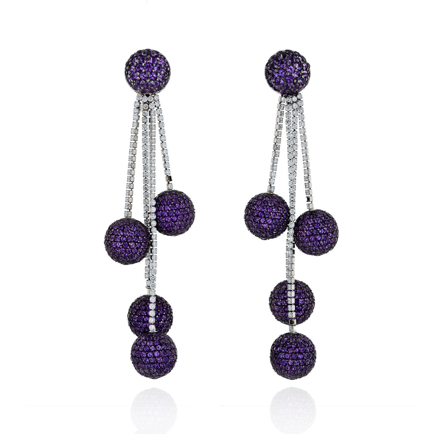 De Grisogono pave amethyst and diamond ball 5-drop earrings, set with round diamonds and amethysts, in 18k white gold, signed De Grisogono. Snap omega with a post tops, for pierced ears. 2.15