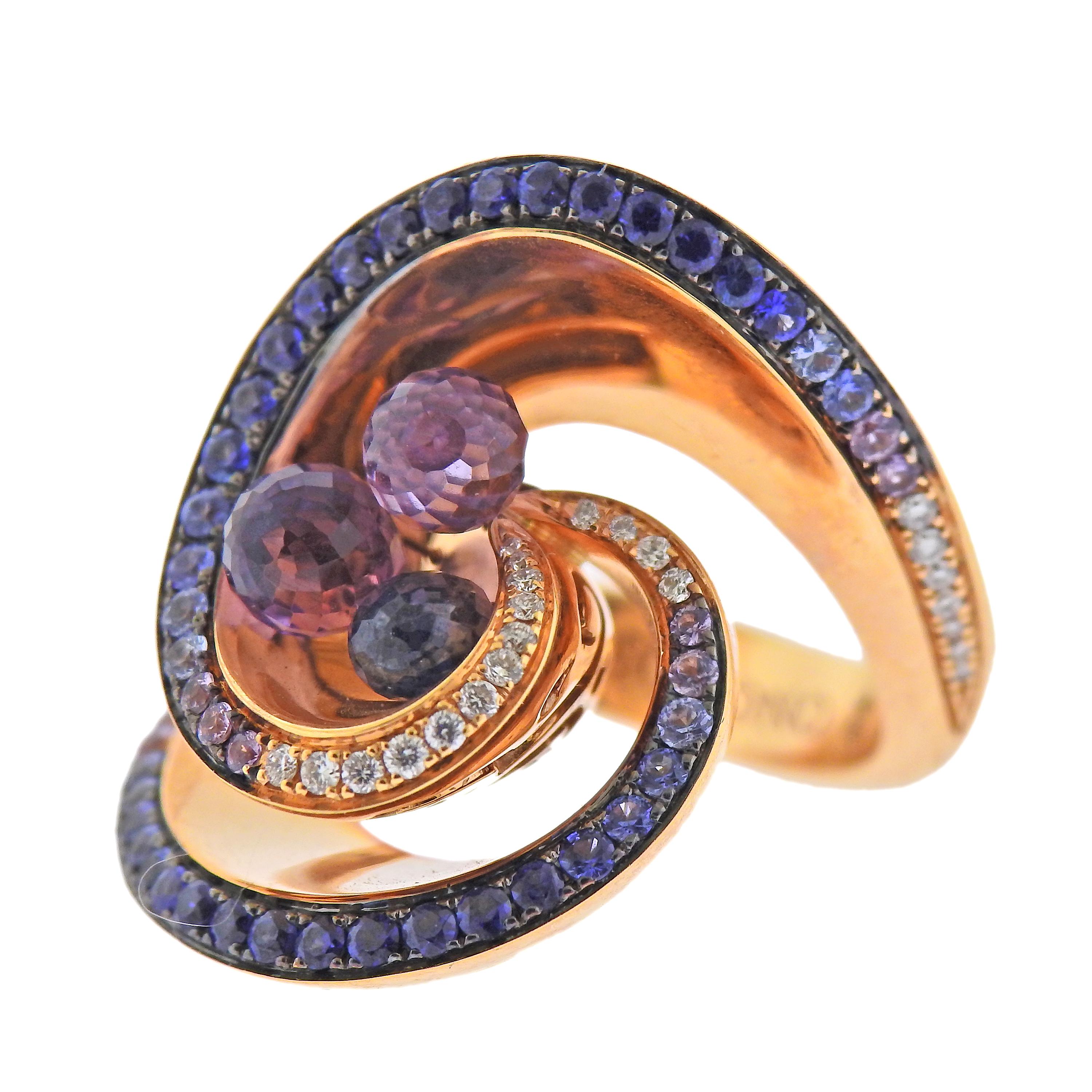 Briolette Cut De Grisogono Chiocciolina Amethyst Diamond Sapphire Gold Ring For Sale