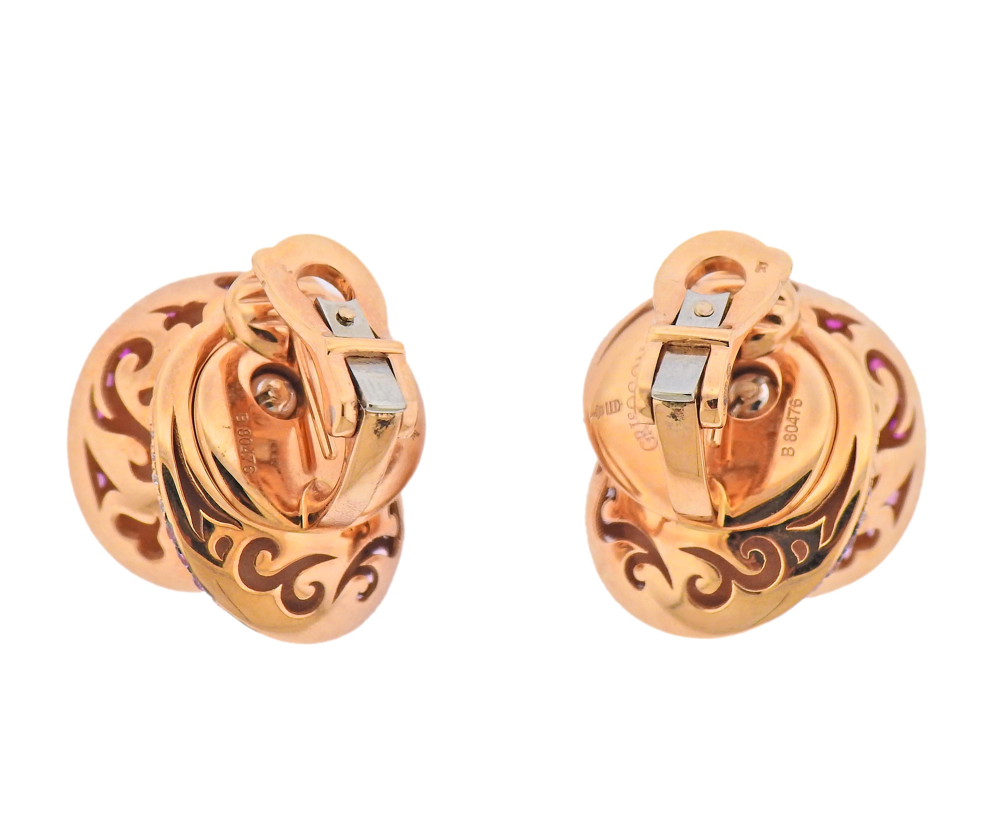 Brand new 18k rose gold Chiocciolina earrings by De Grisogono, with 0.25ctw in G/VS diamonds, 0.99ctw in pink sapphires, 1.00ctw in pink sapphire briolettes and 2.00ctw in rubellites . Earrings are 23mm x 18mm. Marked - de Grisogono, Au750, B80476.