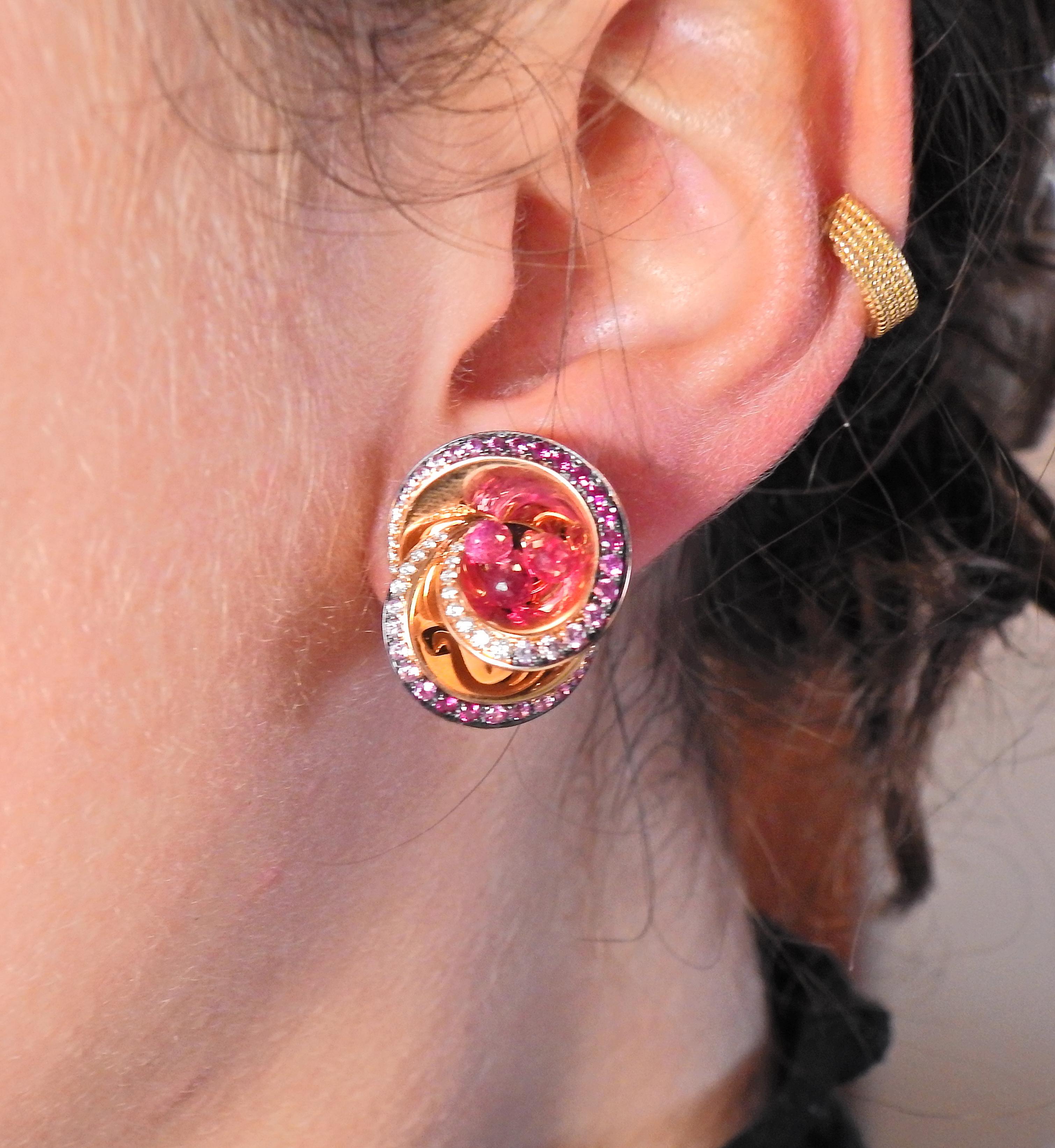 Round Cut De Grisogono Chiocciolina Diamond Pink Sapphire Rubellite Gold Earrings For Sale