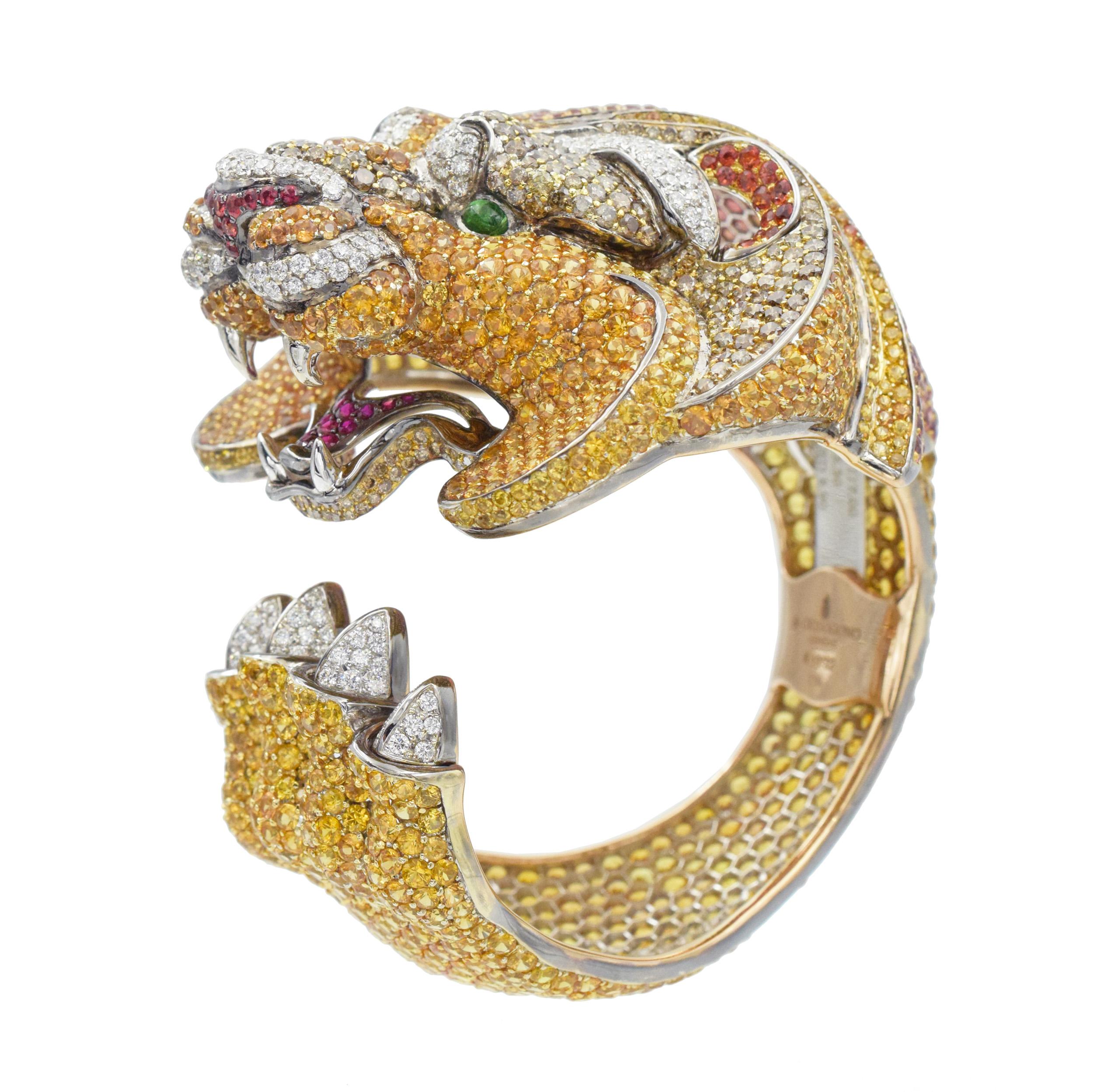 Artist De Grisogono Diamond and Gemstone Lion Cuff Bracelet For Sale