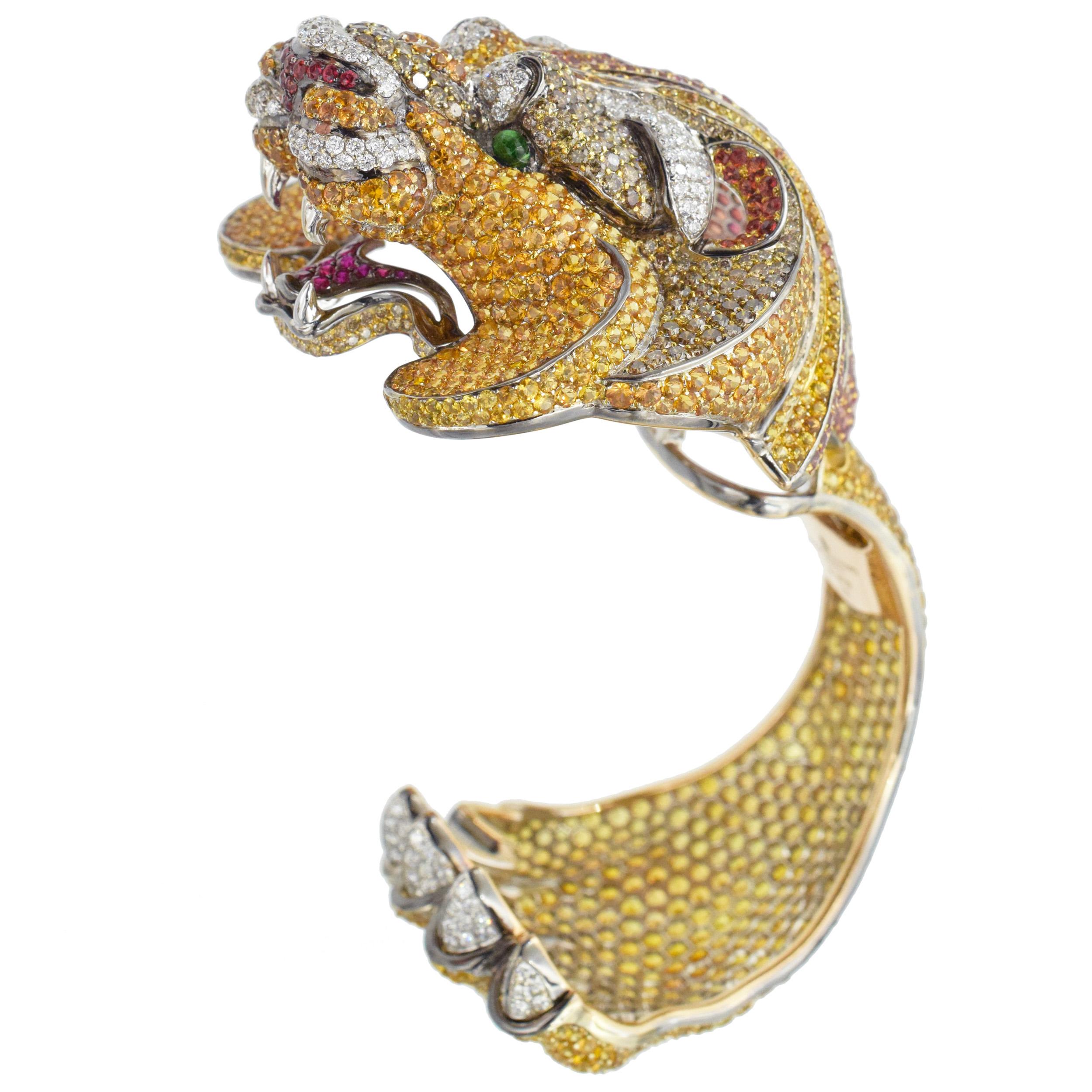 Round Cut De Grisogono Diamond and Gemstone Lion Cuff Bracelet For Sale