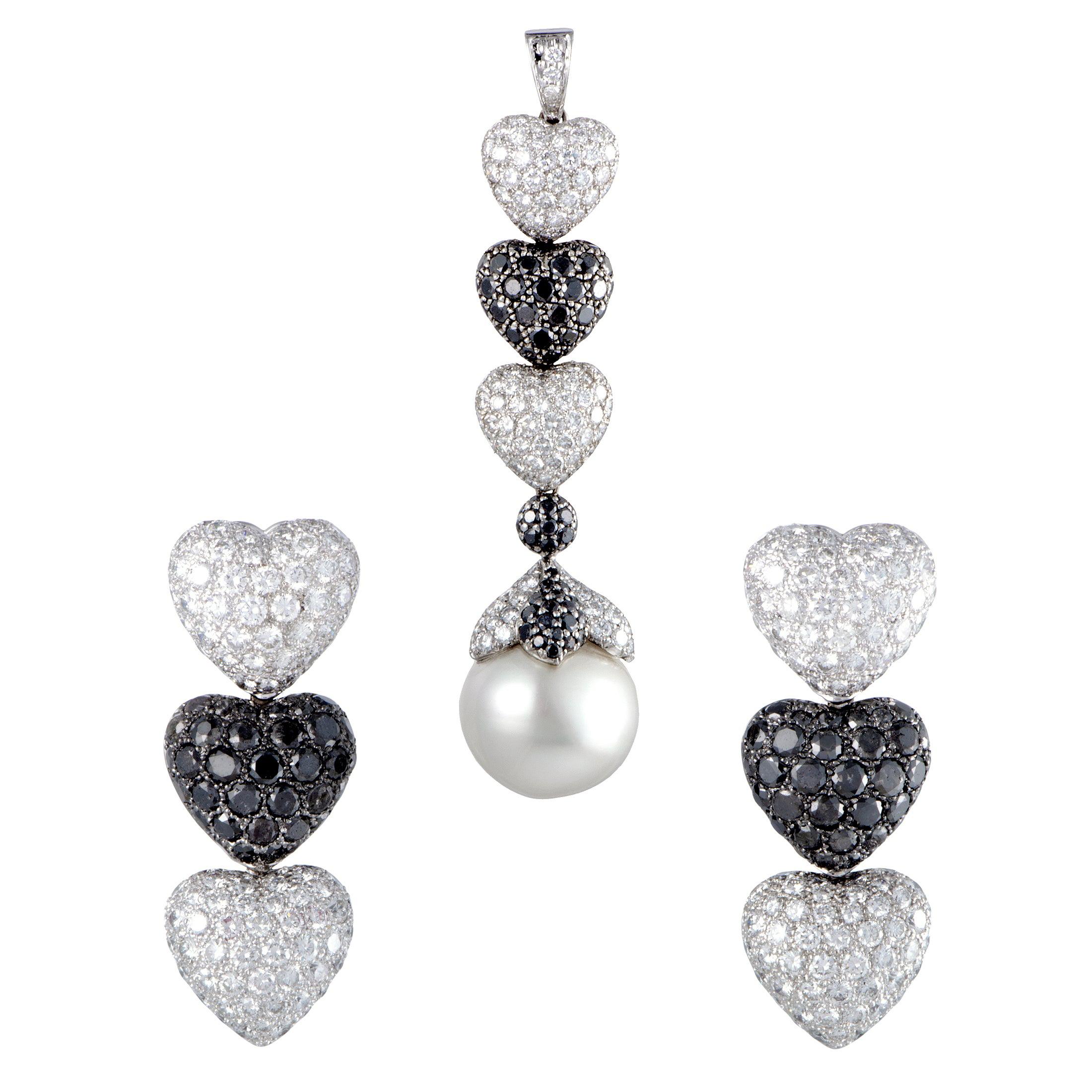 de Grisogono Diamond Pave and Pearl White Gold Earrings and Pendant Set