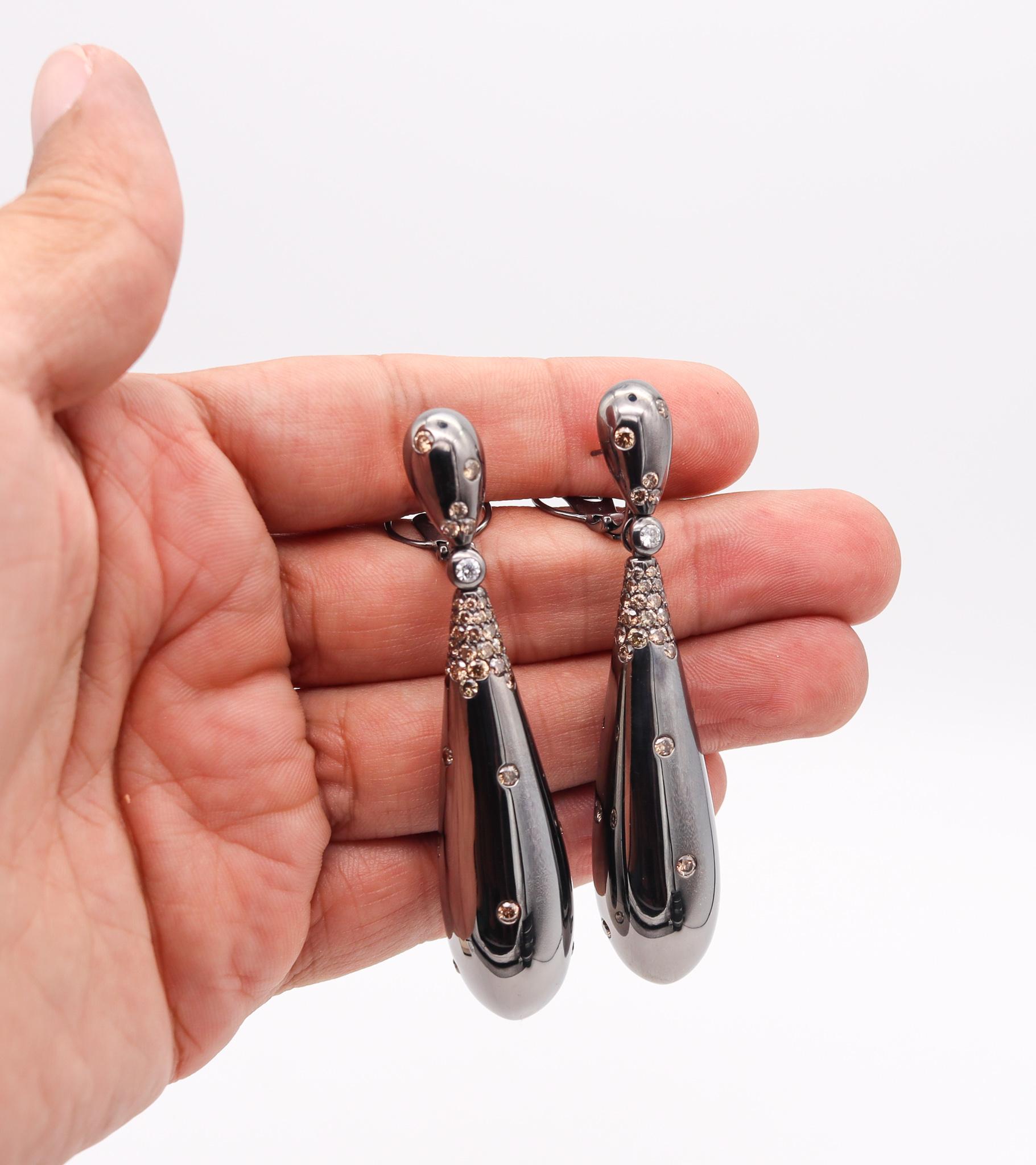 Modern De Grisogono Drop Dangle Earrings In 18Kt Black Gold with 6.56 Ctw in Diamonds For Sale