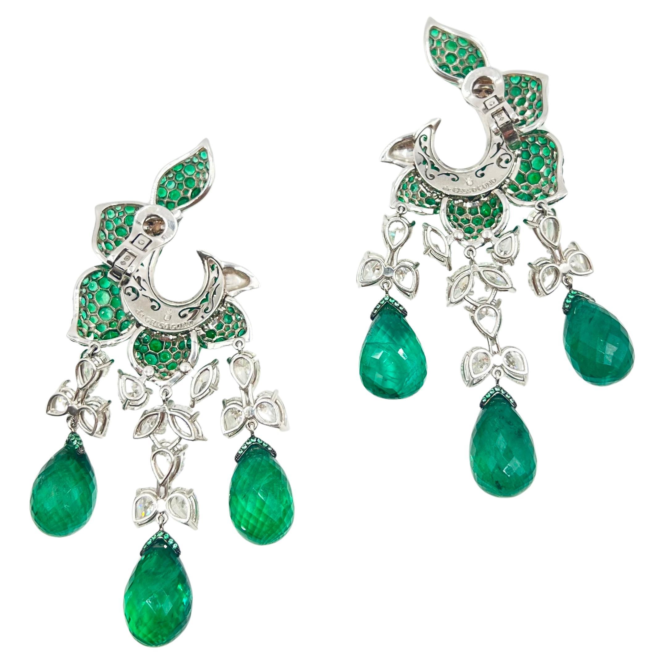 Briolette Cut De Grisogono Emerald Diamond Chandelier Earrings