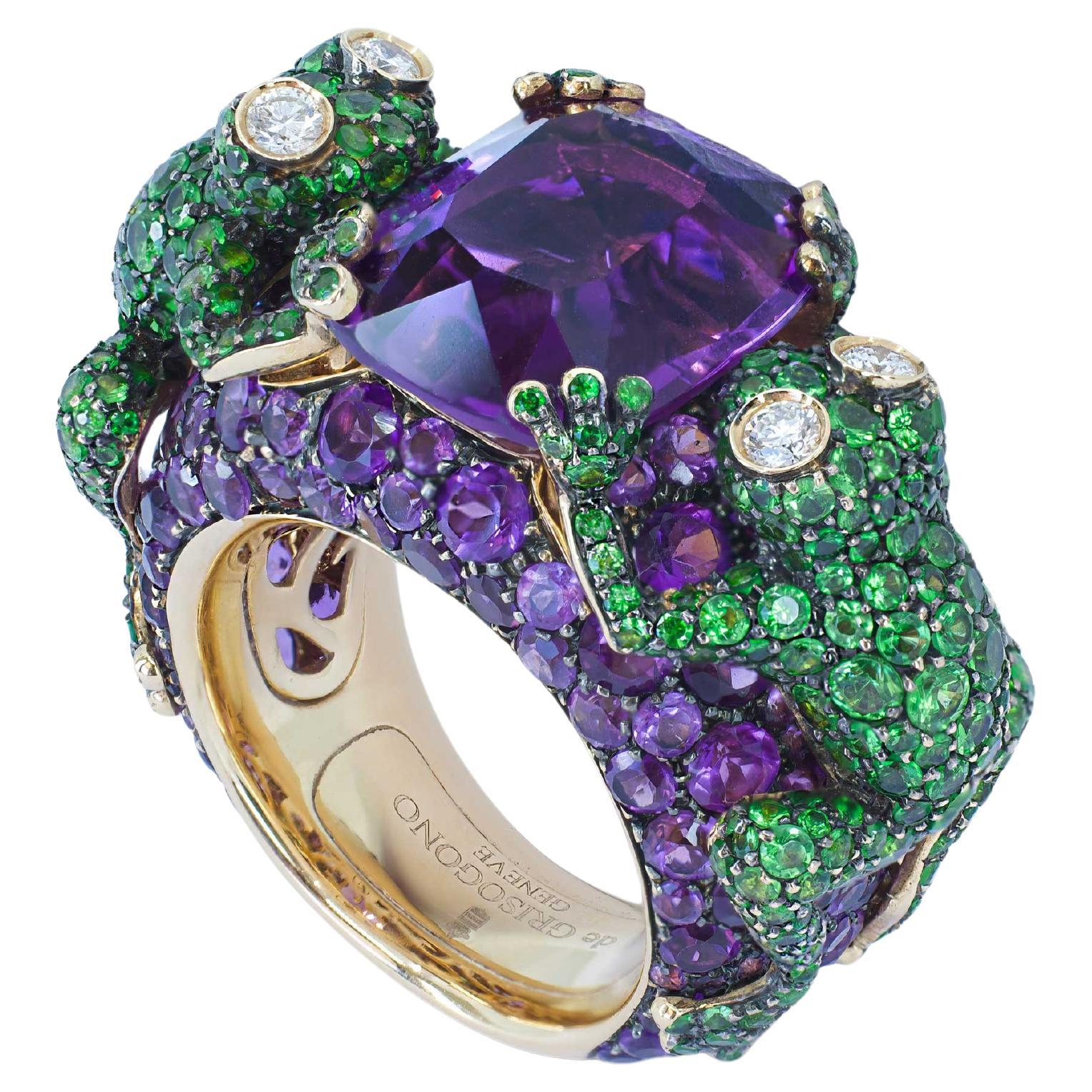 De GRISOGONO Bague Grenouille Améthyste Tsavorite Diamant Or Rose 18K