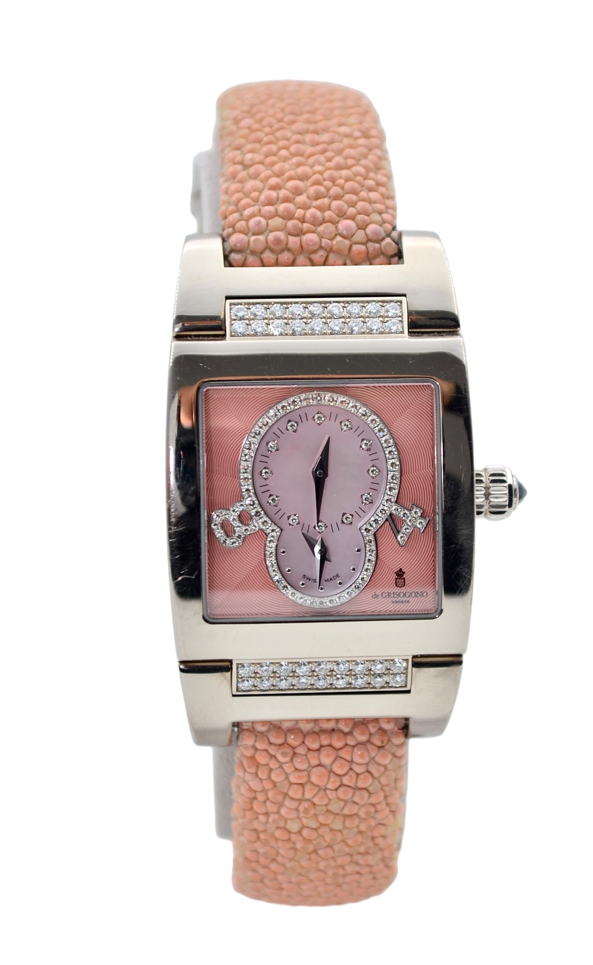 Women's De Grisogono Instrumentino 29x48mm Dual Time Diamonds 18K White Gold Ref: TINO S For Sale