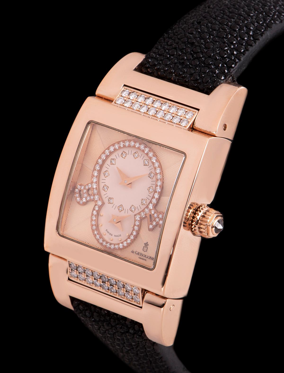 An 18k Rose Gold Instrumentino Dual Time Ladies Wristwatch, salmon pink guilloché dial set with 12 applied round brilliant cut diamond hour markers, second time zone at 6 0'clock, a ring set with 50 round brilliant cut diamonds and applied diamond
