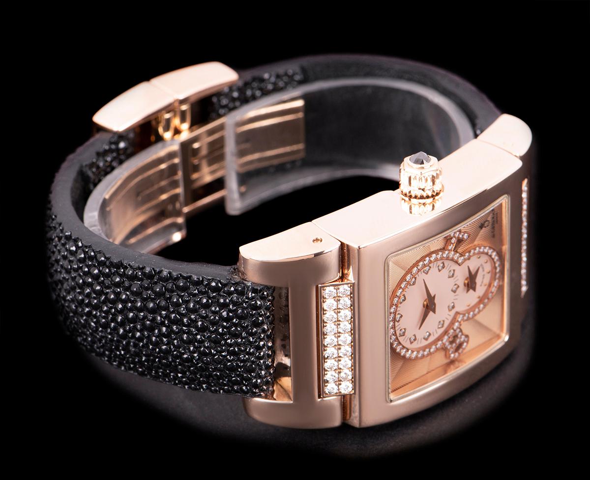 De Grisogono Instrumentino Dual Time Rose Gold Salmon Dial Guilloche Diamond Set In Excellent Condition In Mayfair, London, London